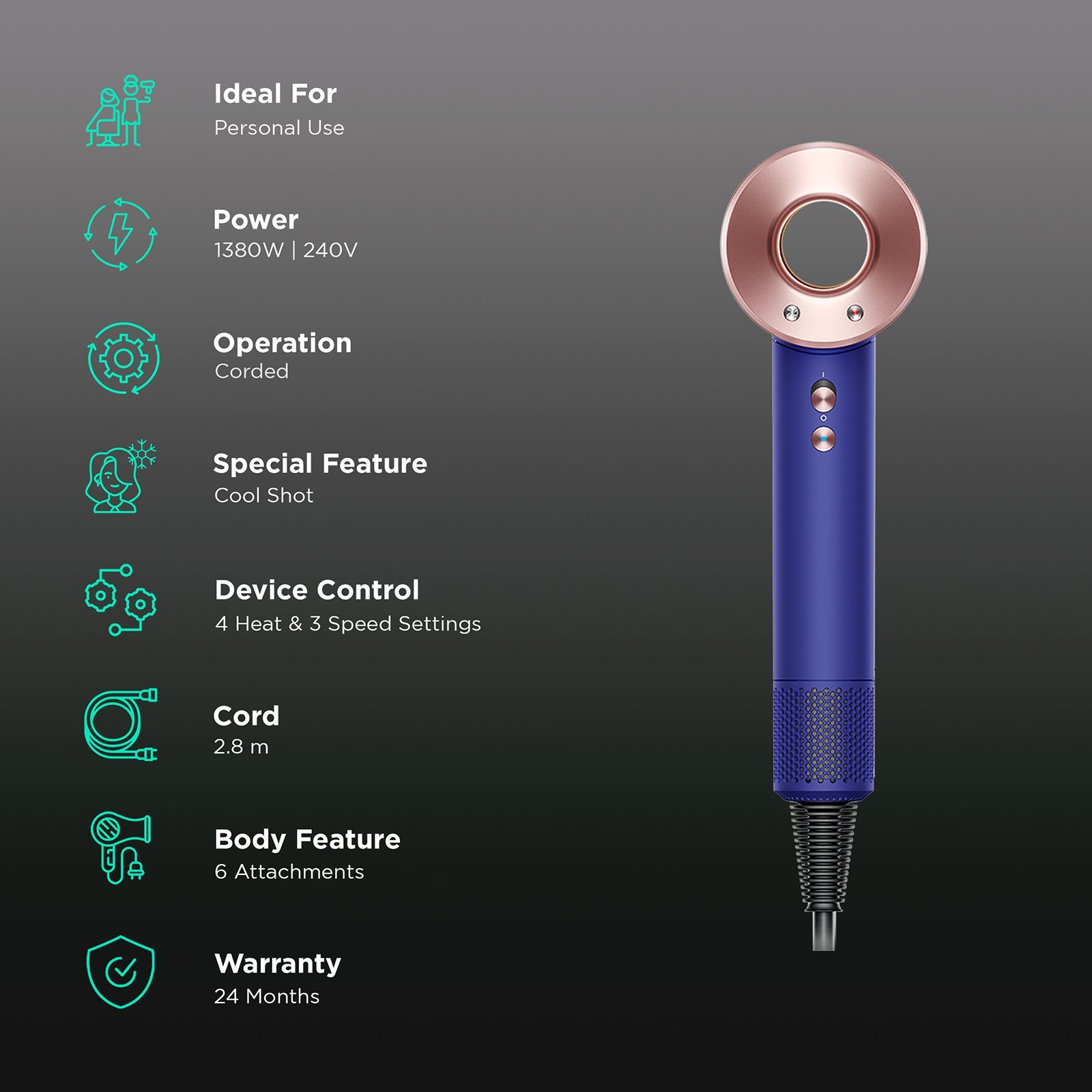 dyson Supersonic Hair Dryer with 4 Heat Settings & Cool Shot (Diffuser, Vinca Blue & Rose)_2