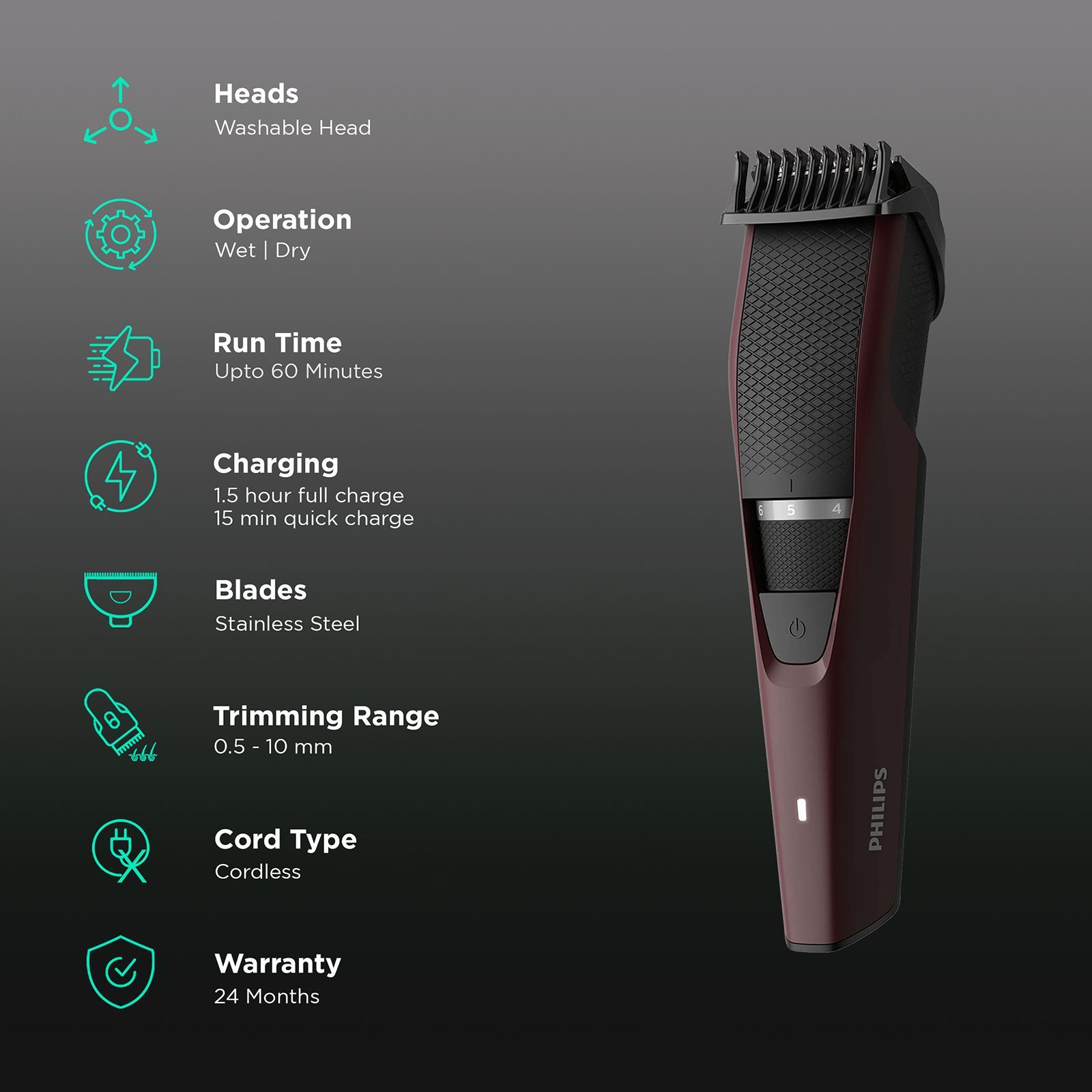 PHILIPS 3000 Series Rechargeable Cordless Wet & Dry Trimmer for Beard & Moustache with 10 Length Settings for Men (60min Runtime, LED Charge Indicator, Wine)_2