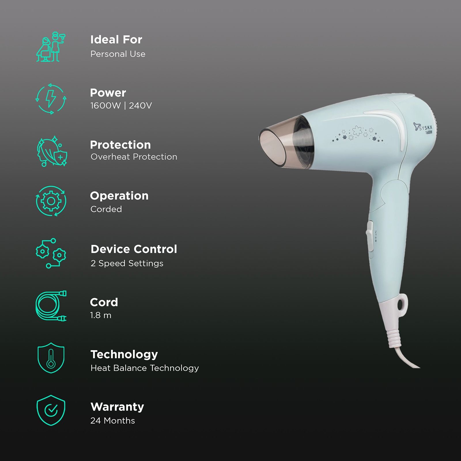 SYSKA HD1625 Hair Dryer (Heat Balance Technology, White Blue)_2