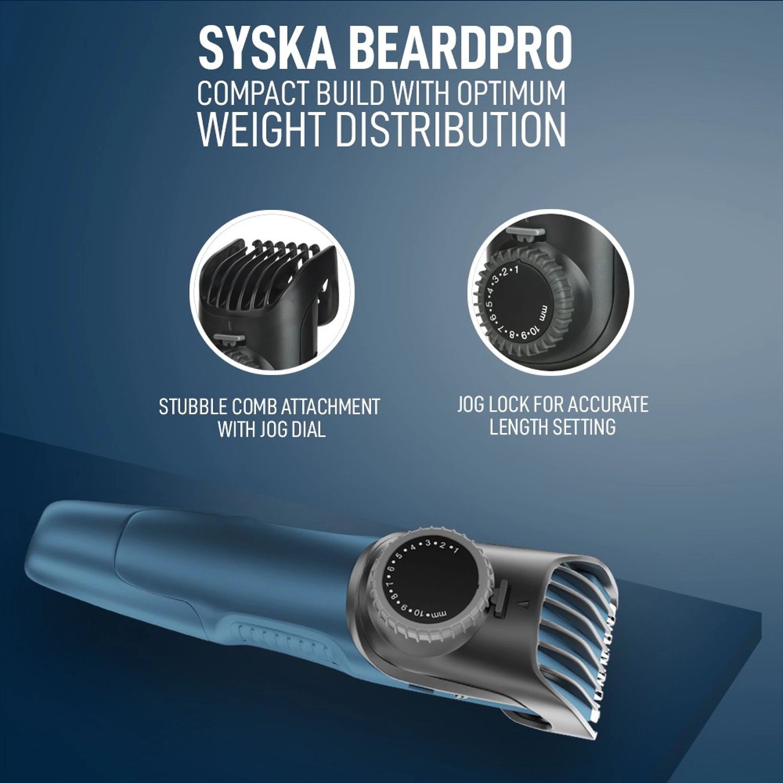 SYSKA BeardPro Rechargeable Corded & Cordless Dry Trimmer for Beard & Moustache with 20 Length Settings for Men (90min Runtime, Fast Charging, Blue)_5