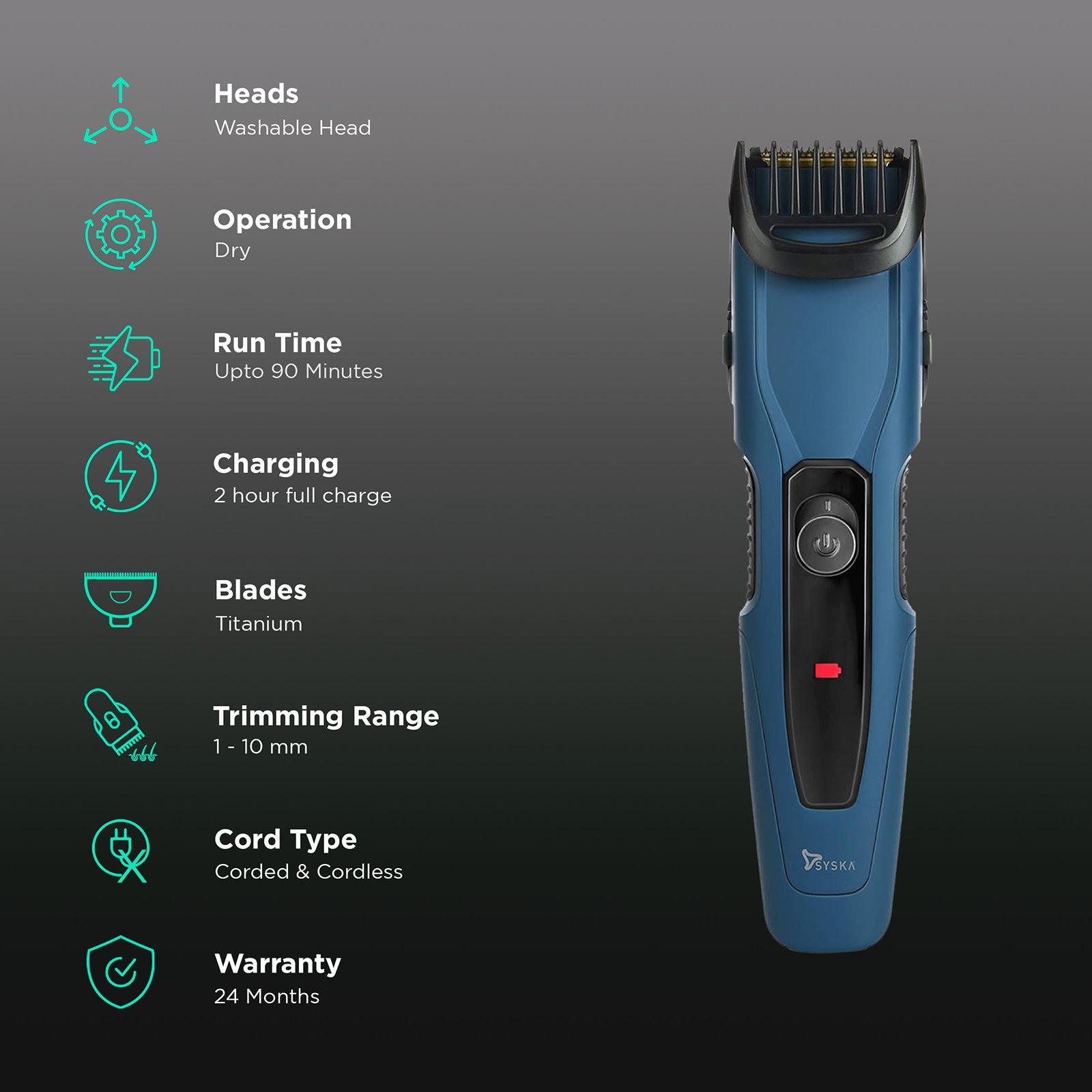 SYSKA BeardPro Rechargeable Corded & Cordless Dry Trimmer for Beard & Moustache with 20 Length Settings for Men (90min Runtime, Fast Charging, Blue)_2