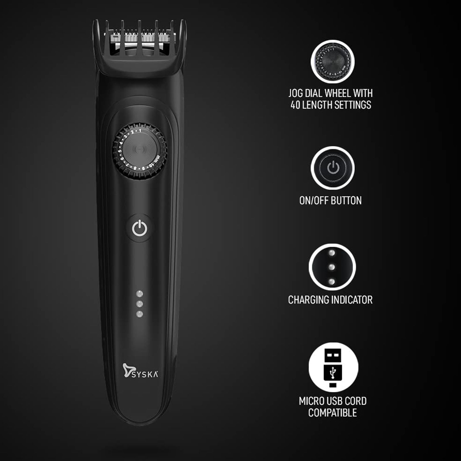 SYSKA BeardPro Rechargeable Corded & Cordless Dry Trimmer for Beard & Moustache with 40 Length Settings for Men (120min Runtime, IPX7 Washable Body, Black)_7