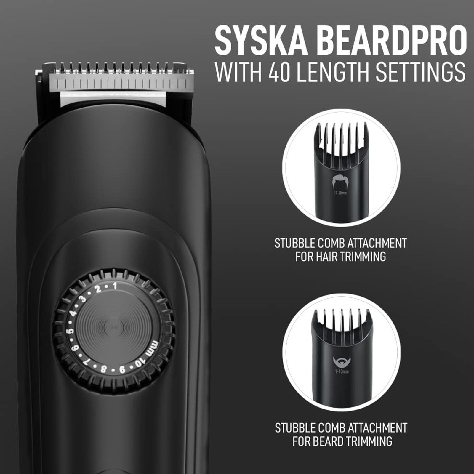 SYSKA BeardPro Rechargeable Corded & Cordless Dry Trimmer for Beard & Moustache with 40 Length Settings for Men (120min Runtime, IPX7 Washable Body, Black)_8