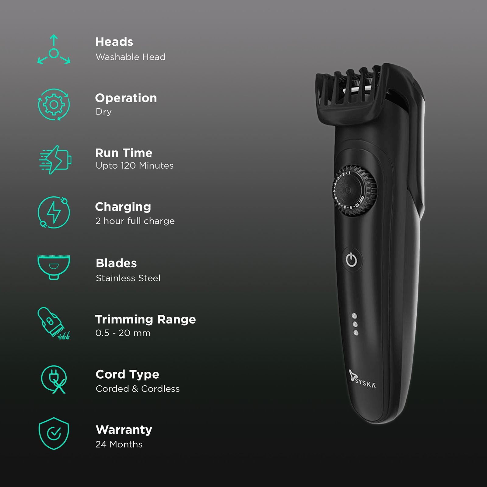 SYSKA BeardPro Rechargeable Corded & Cordless Dry Trimmer for Beard & Moustache with 40 Length Settings for Men (120min Runtime, IPX7 Washable Body, Black)_2