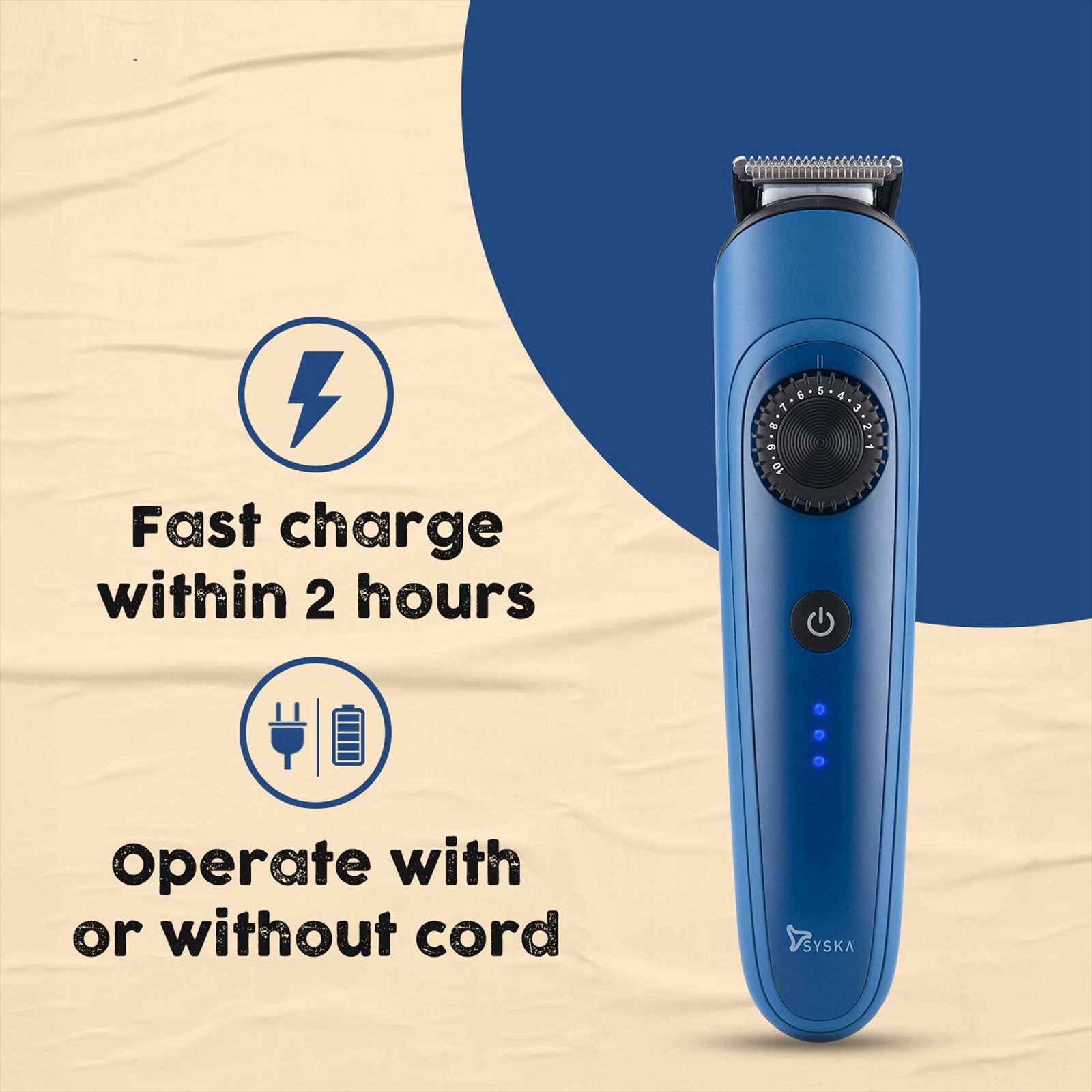 SYSKA BeardPro Rechargeable Corded & Cordless Dry Trimmer for Beard, Moustache, Nose, Ear & Eyebrow with 40 Length Settings for Men (120min Runtime, IPX7 Waterproof, Blue)_5