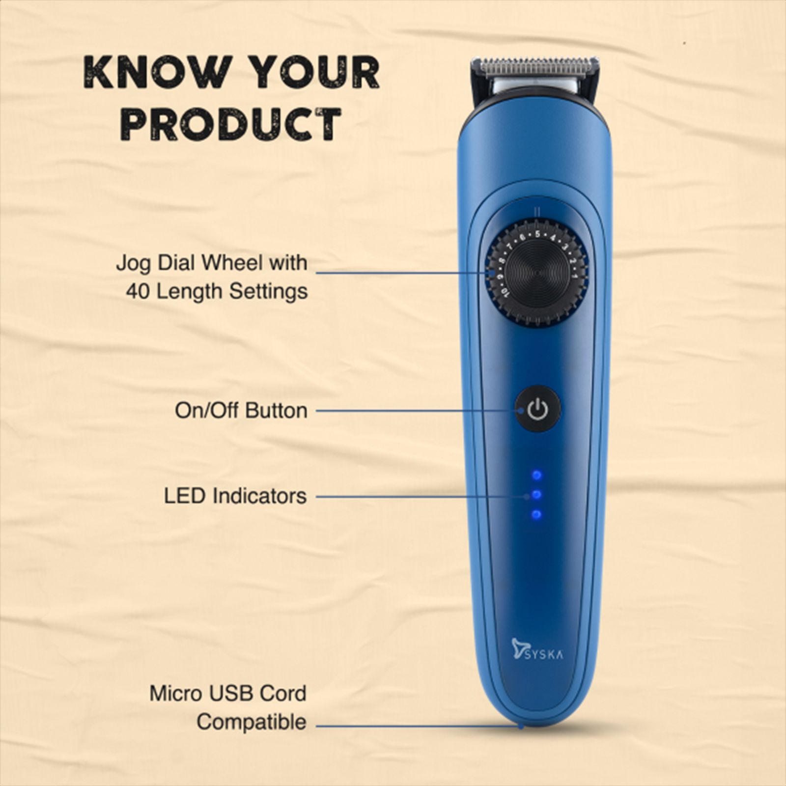 SYSKA BeardPro Rechargeable Corded & Cordless Dry Trimmer for Beard, Moustache, Nose, Ear & Eyebrow with 40 Length Settings for Men (120min Runtime, IPX7 Waterproof, Blue)_7