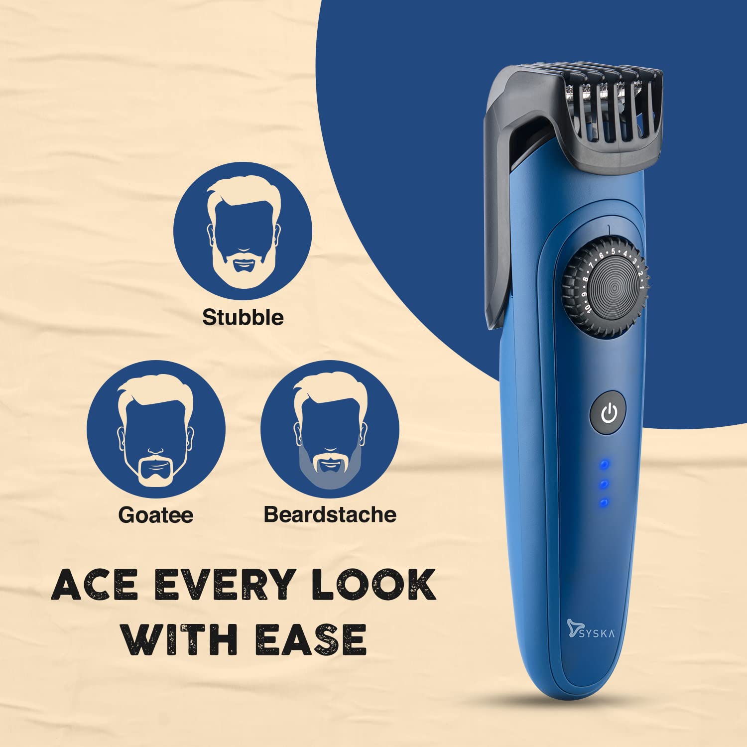 SYSKA BeardPro Rechargeable Corded & Cordless Dry Trimmer for Beard, Moustache, Nose, Ear & Eyebrow with 40 Length Settings for Men (120min Runtime, IPX7 Waterproof, Blue)_9