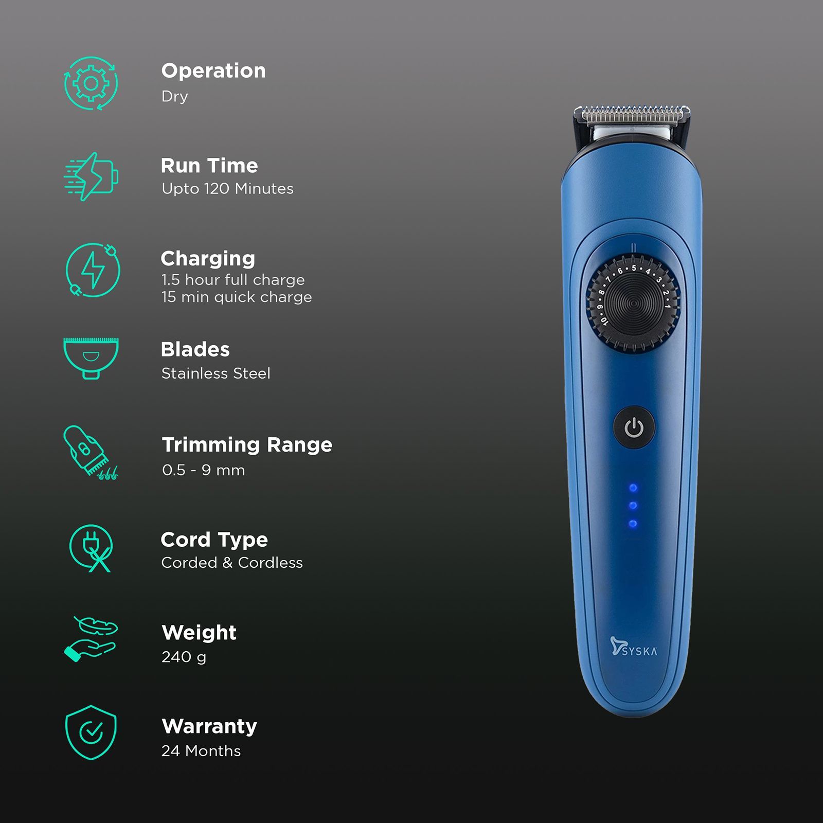 SYSKA BeardPro Rechargeable Corded & Cordless Dry Trimmer for Beard, Moustache, Nose, Ear & Eyebrow with 40 Length Settings for Men (120min Runtime, IPX7 Waterproof, Blue)_2