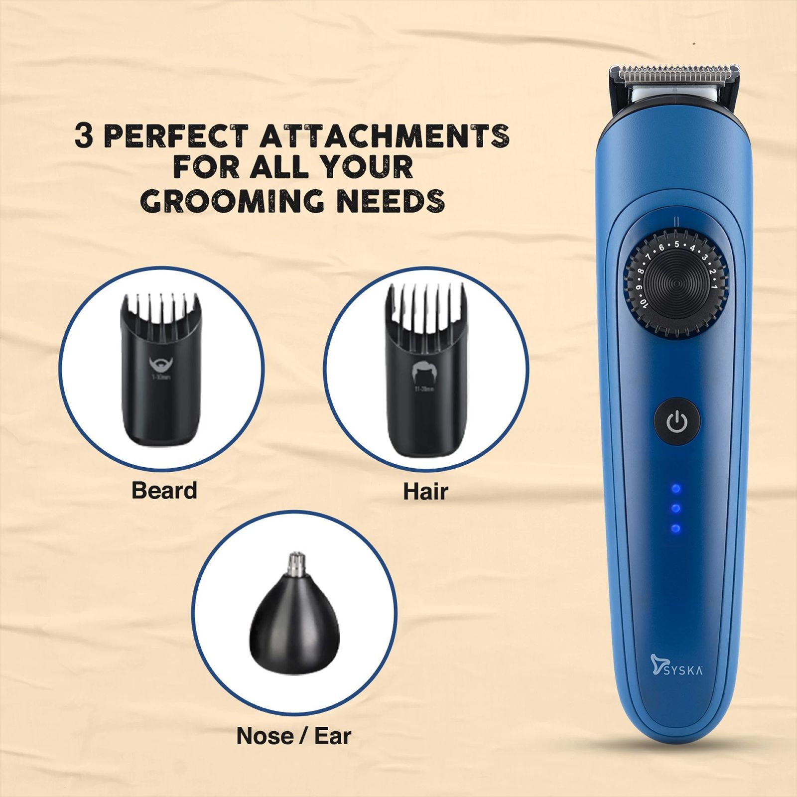 SYSKA BeardPro Rechargeable Corded & Cordless Dry Trimmer for Beard, Moustache, Nose, Ear & Eyebrow with 40 Length Settings for Men (120min Runtime, IPX7 Waterproof, Blue)_3