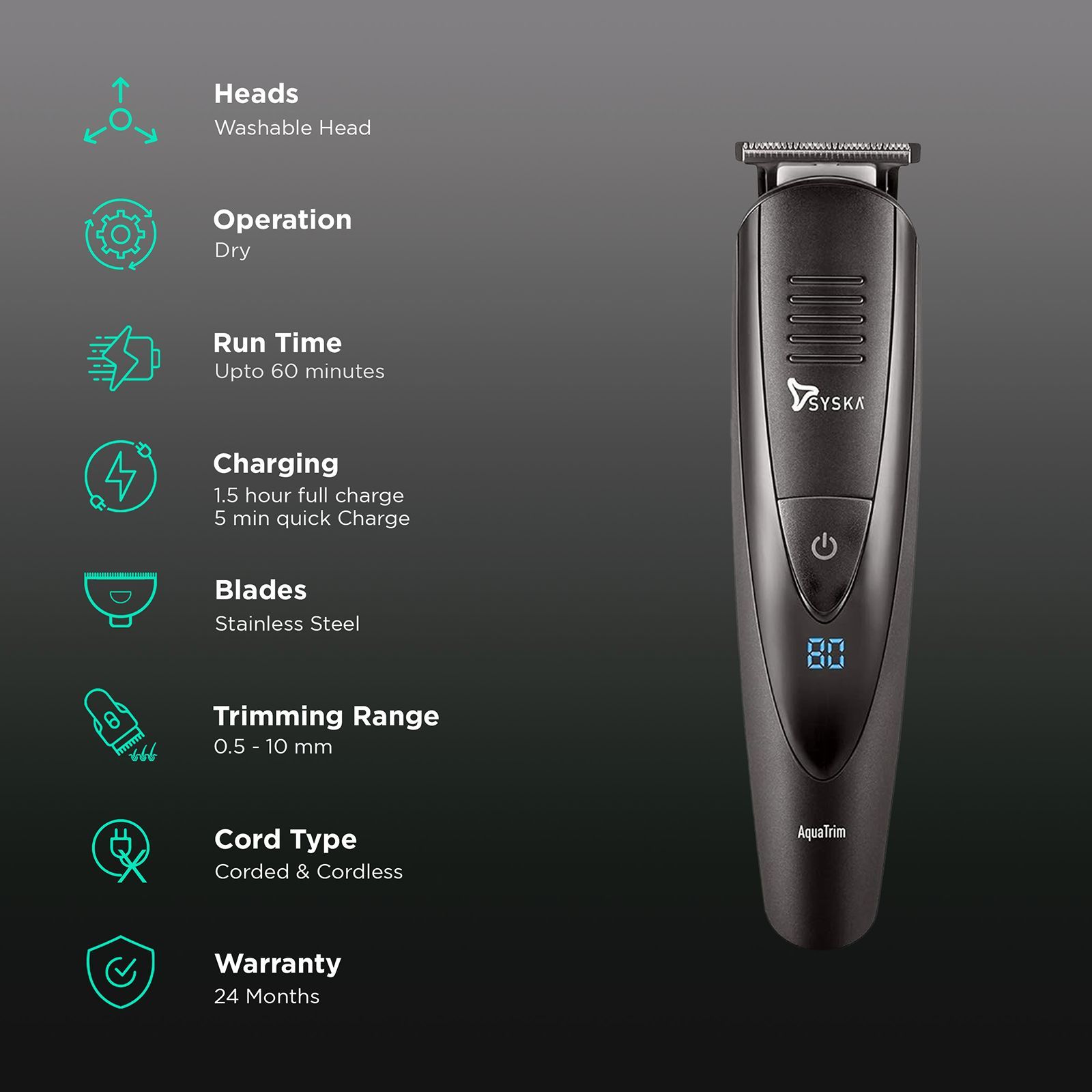 SYSKA Aqua Trim Pro Styling 5-in-1 Rechargeable Corded & Cordless Grooming Kit for Body, Nose, Beard & Moustache for Men (60min Runtime, Fast Charging, Black)_2
