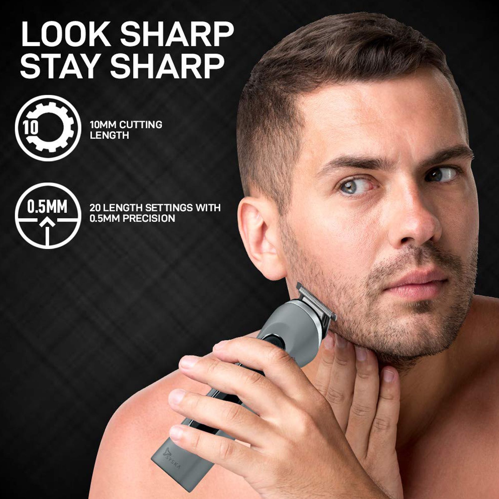 SYSKA UltraTrim Rechargeable Corded & Cordless Dry Trimmer for Beard, Moustache, Nose, Ear & Eyebrow with 20 Length Settings for Men (120min Runtime, Fast Charging, Grey)_5