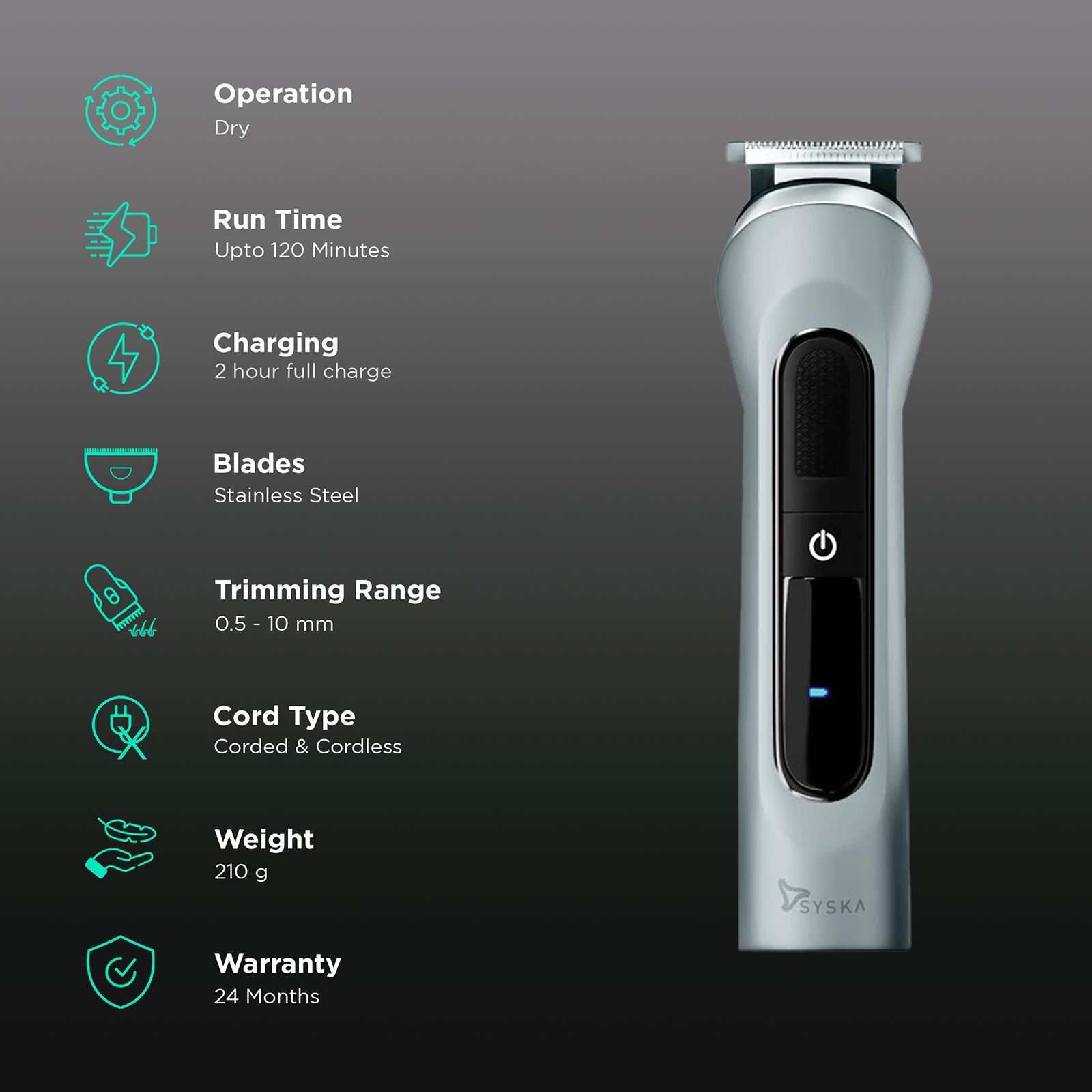 SYSKA UltraTrim Rechargeable Corded & Cordless Dry Trimmer for Beard, Moustache, Nose, Ear & Eyebrow with 20 Length Settings for Men (120min Runtime, Fast Charging, Grey)_2