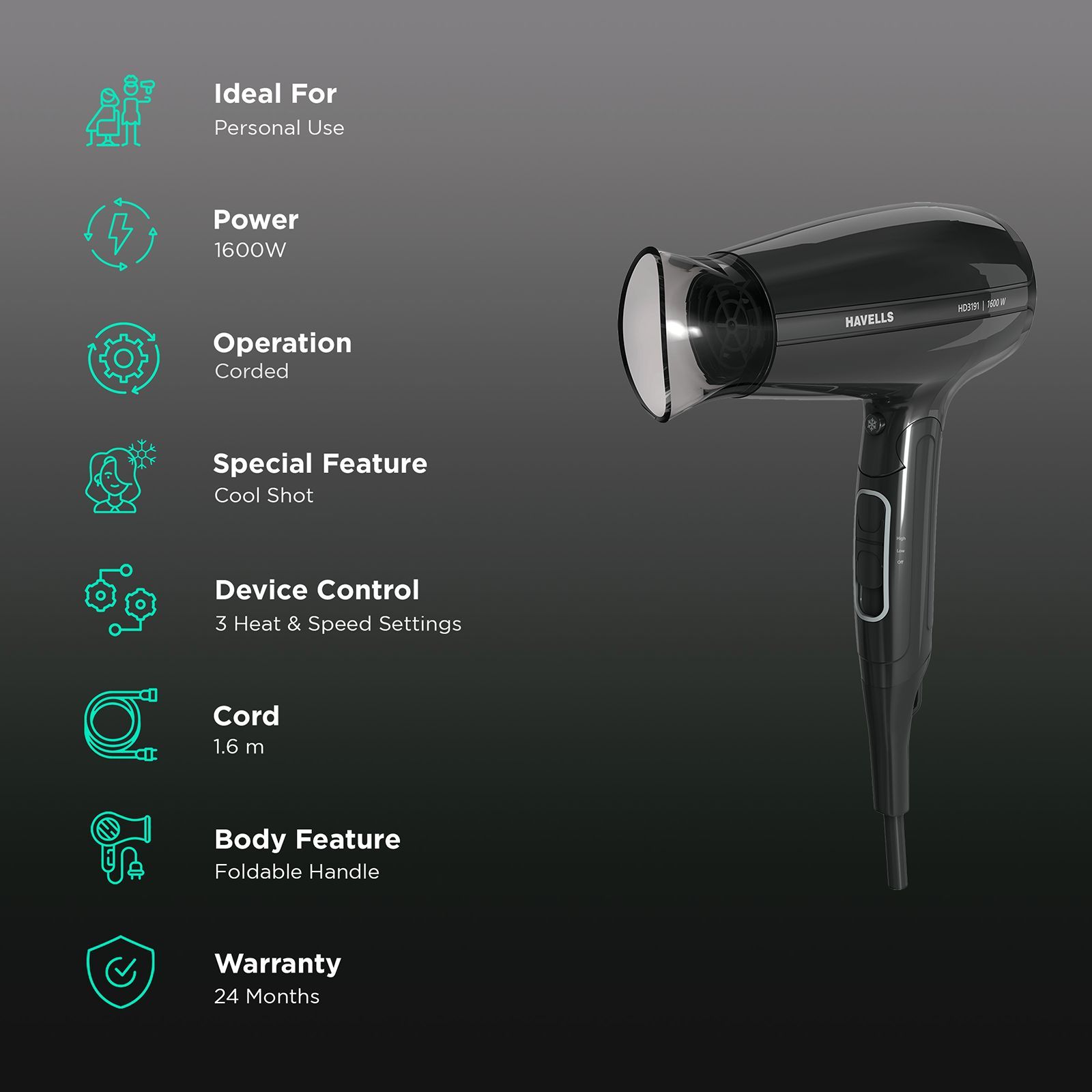 HAVELLS HD3191 Hair Dryer with 3 Heat Settings & Cool Shot (Heat Balance Technology, Black)_2