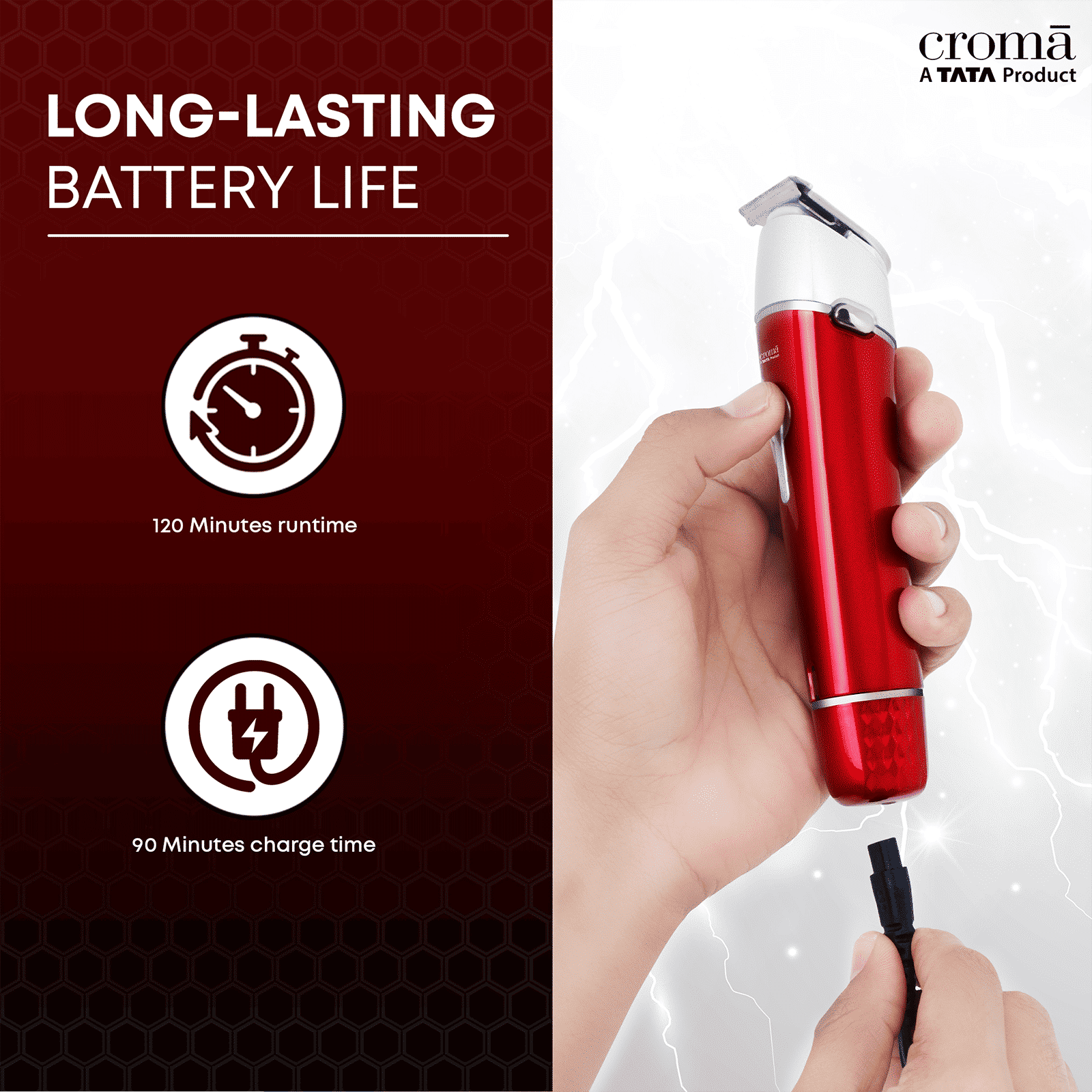 Croma 4 in 1 Cordless Wet & Dry Trimmer for Beard and Hair for Men (120mins Runtime, Water Resistant, Red) Croma 4 in 1 Cordless Wet & Dry Trimmer for Beard and Hair for Men (120mins Runtime, Water Resistant, Red)_11