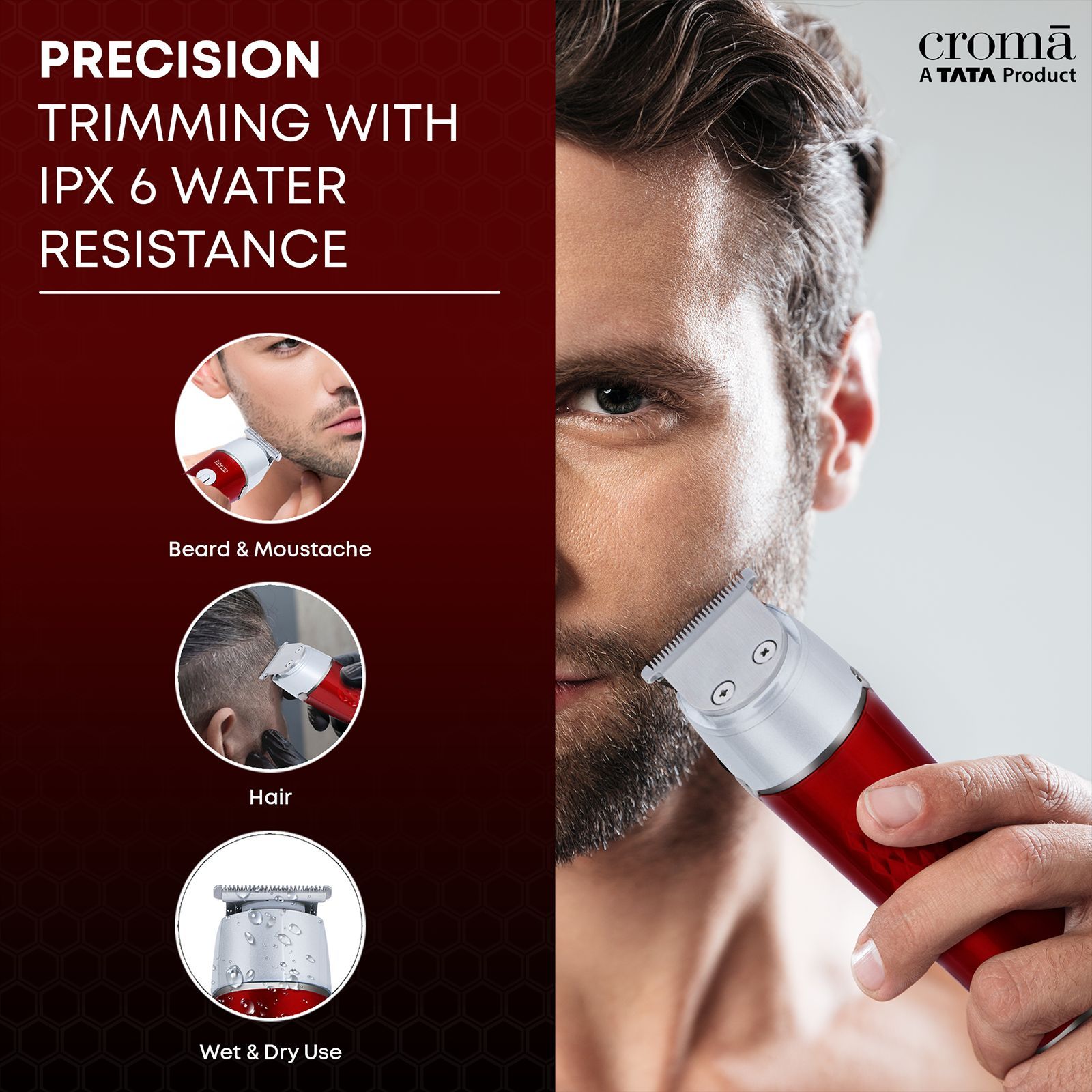 Croma 4 in 1 Cordless Wet & Dry Trimmer for Beard and Hair for Men (120mins Runtime, Water Resistant, Red) Croma 4 in 1 Cordless Wet & Dry Trimmer for Beard and Hair for Men (120mins Runtime, Water Resistant, Red)_13