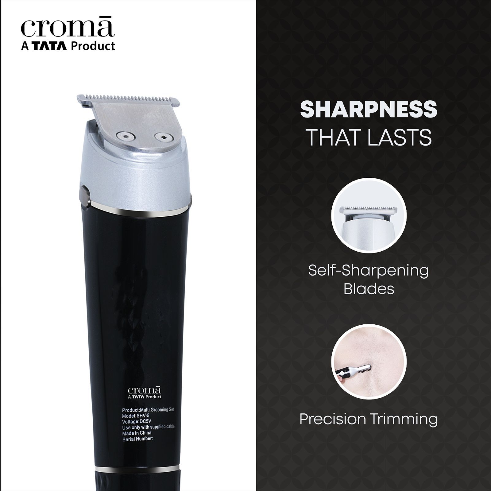 Croma 11-in-1 Rechargeable Cordless Grooming Kit for Nose, Ear, Eyebrow, Beard & Moustache for Men & Women (120min Runtime, Water Resistant, Black)_3