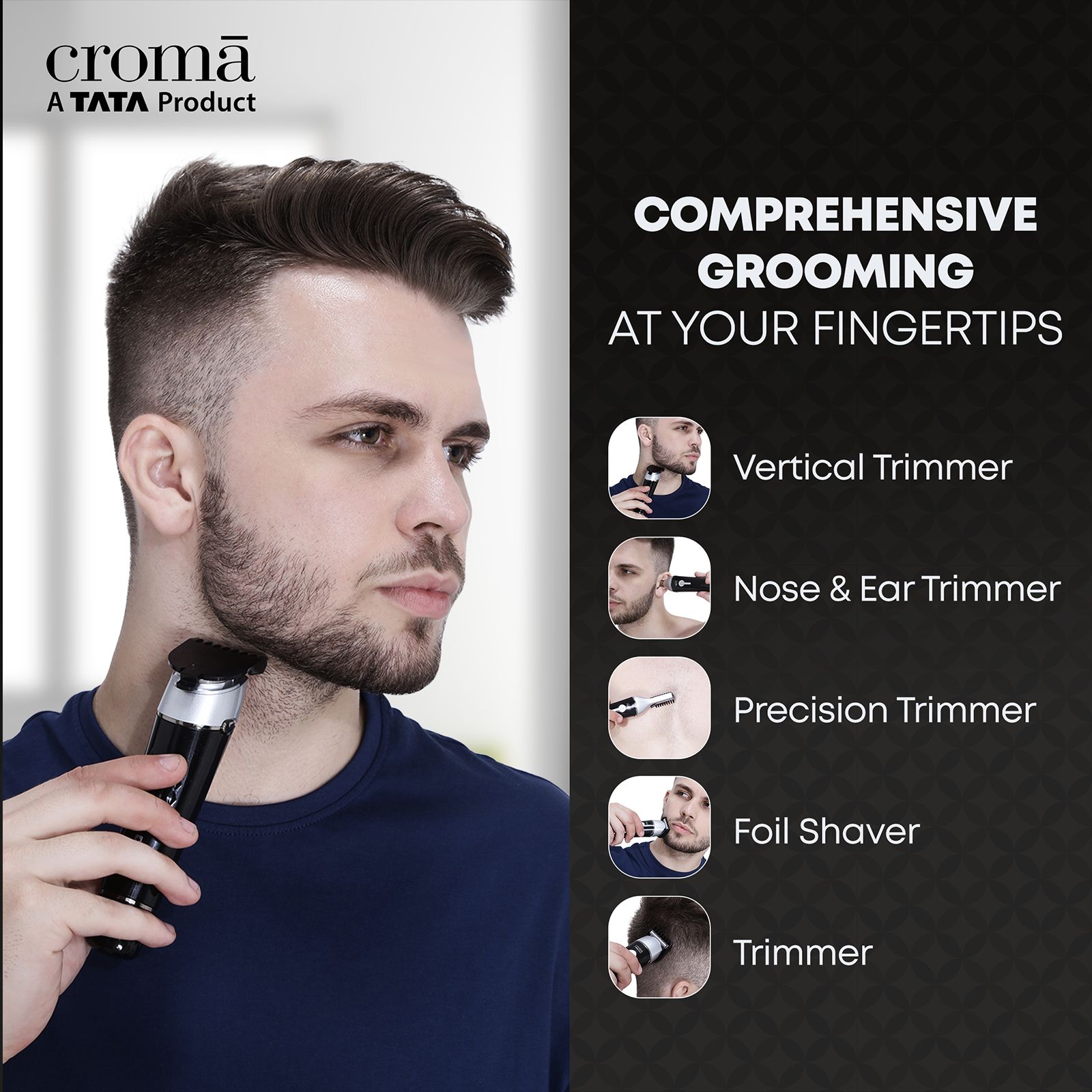 Croma 11-in-1 Rechargeable Cordless Grooming Kit for Nose, Ear, Eyebrow, Beard & Moustache for Men & Women (120min Runtime, Water Resistant, Black)_5