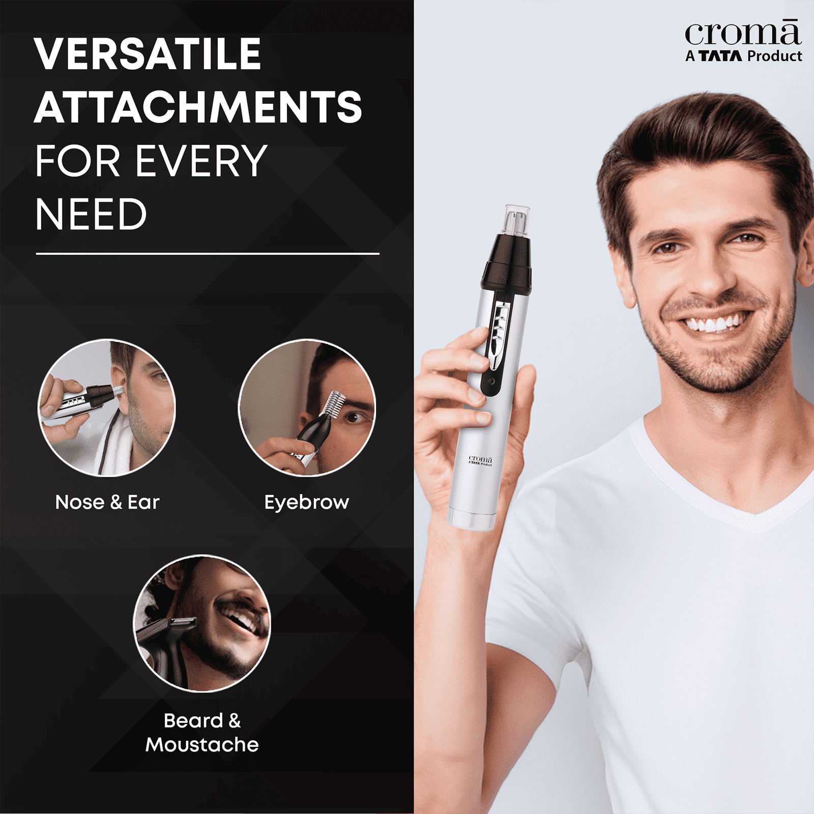 Croma 4-in-1 Rechargeable Cordless Grooming Kit for Nose, Ear, Eyebrow, Beard & Moustache for Men & Women (40min Runtime, Water Resistant, Black)_3
