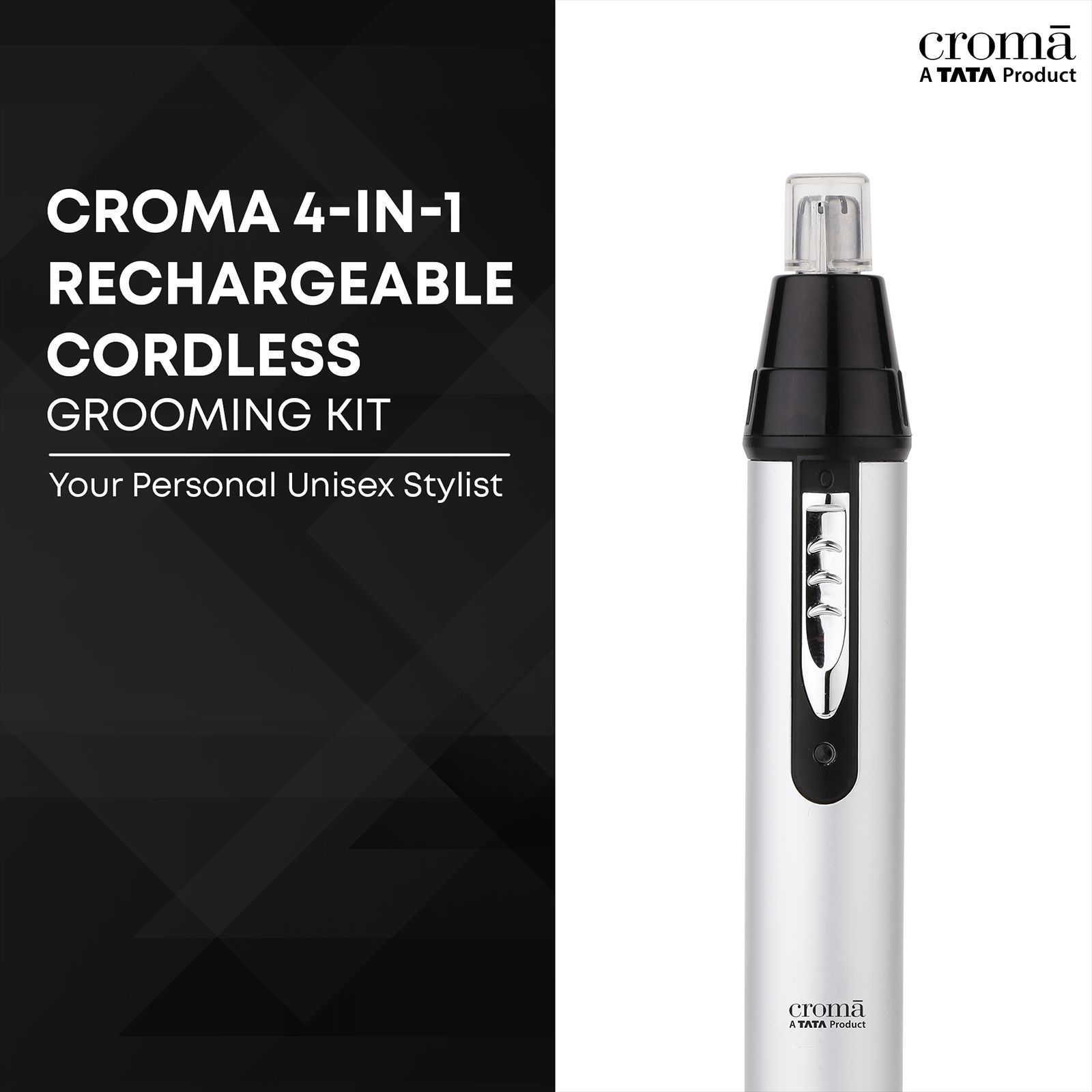 Croma 4-in-1 Rechargeable Cordless Grooming Kit for Nose, Ear, Eyebrow, Beard & Moustache for Men & Women (40min Runtime, Water Resistant, Black)_4