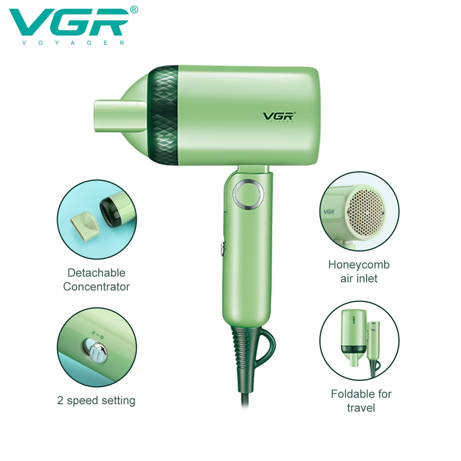 VGR Professional Hair Dryer (Negative Ionic Technology, Green)_6