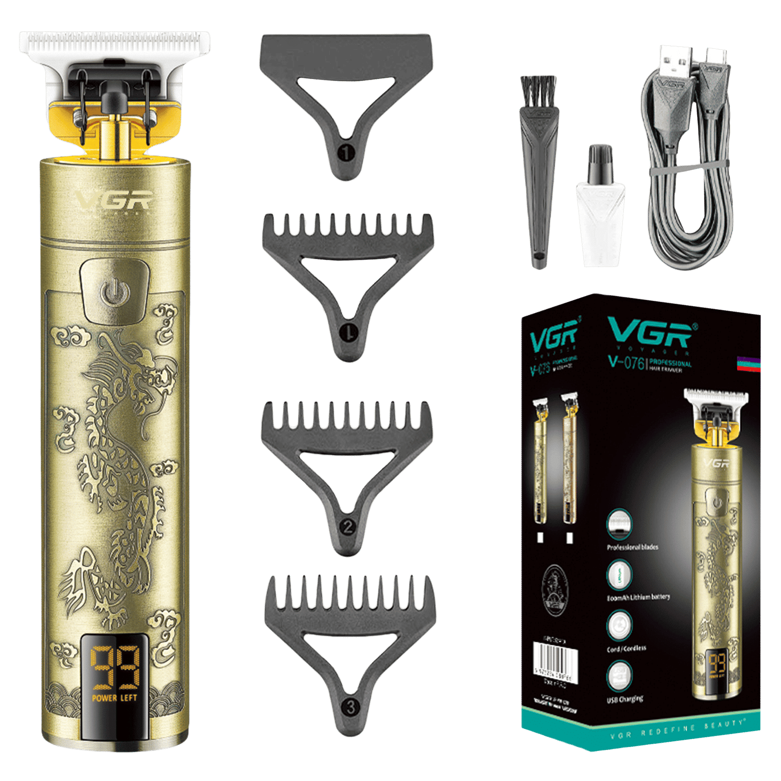 VGR V-076 Rechargeable Corded & Cordless Wet & Dry Trimmer for Hair Clipping, Beard, Moustache & Body Grooming with 3 Length Settings for Men (150min Runtime, LED Display, Gold) VGR V-076 Rechargeable Corded & Cordless Wet & Dry Trimmer for Hair Clipping, Beard, Moustache & Body Grooming with 3 Length Settings for Men (150min Runtime, LED Display, Gold)_1