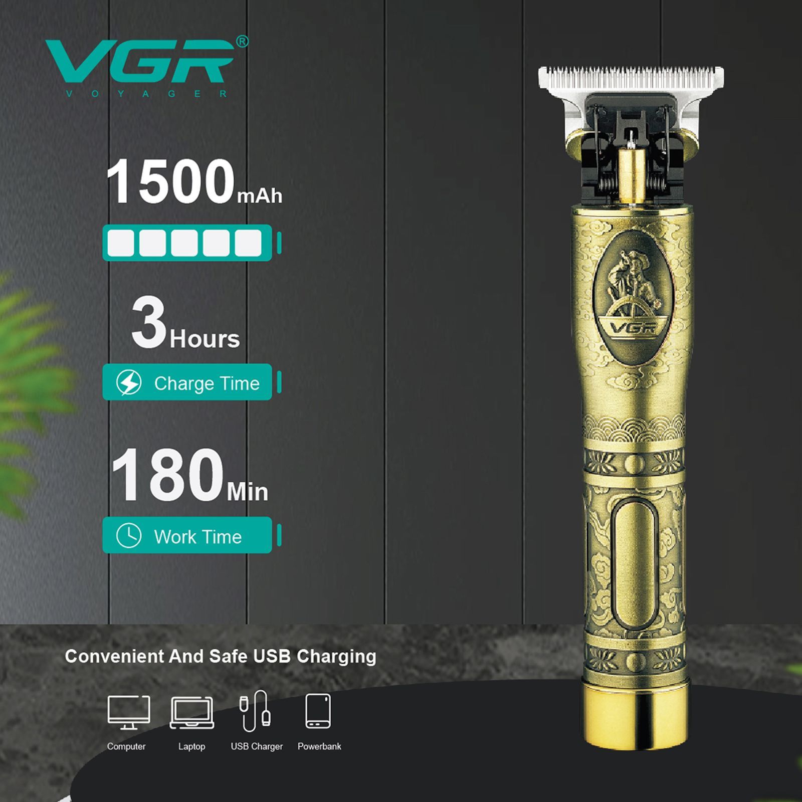 VGR V-081 Rechargeable Corded & Cordless Wet & Dry Trimmer for Hair Clipping, Beard, Moustache & Body Grooming with 3 Length Settings for Men (180min Runtime, Quick Charge, Gold)_6