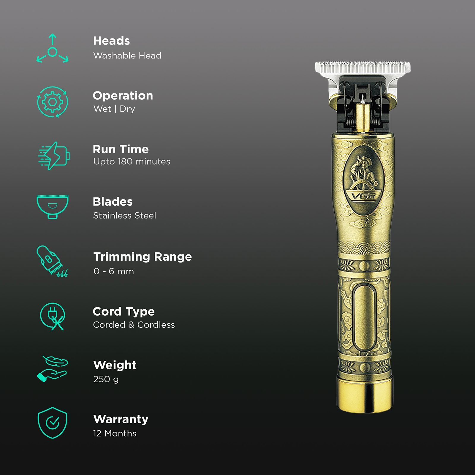 VGR V-081 Rechargeable Corded & Cordless Wet & Dry Trimmer for Hair Clipping, Beard, Moustache & Body Grooming with 3 Length Settings for Men (180min Runtime, Quick Charge, Gold)_2