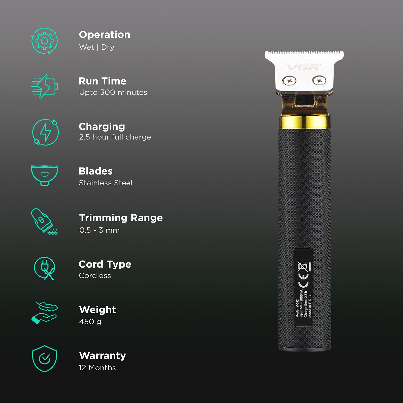 VGR V-082 Rechargeable Cordless Dry Trimmer for Hair Clipping, Beard, Moustache & Body Grooming with 3 Length Settings for Men (300min Runtime, Own Control Limit Length, Black)_2