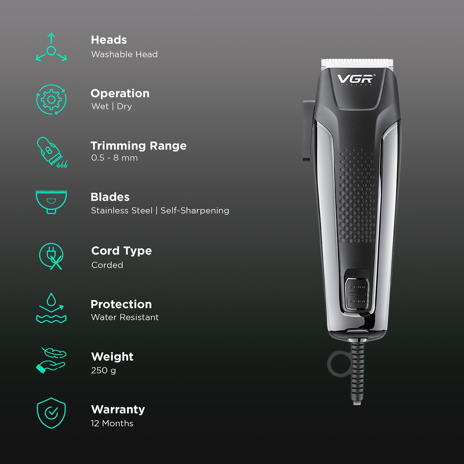 VGR V-120 Corded Wet & Dry Trimmer for Hair Clipping, Beard, Moustache & Body Grooming with 8 Length Settings for Men (Adjustable Taper Lever, Black)_2