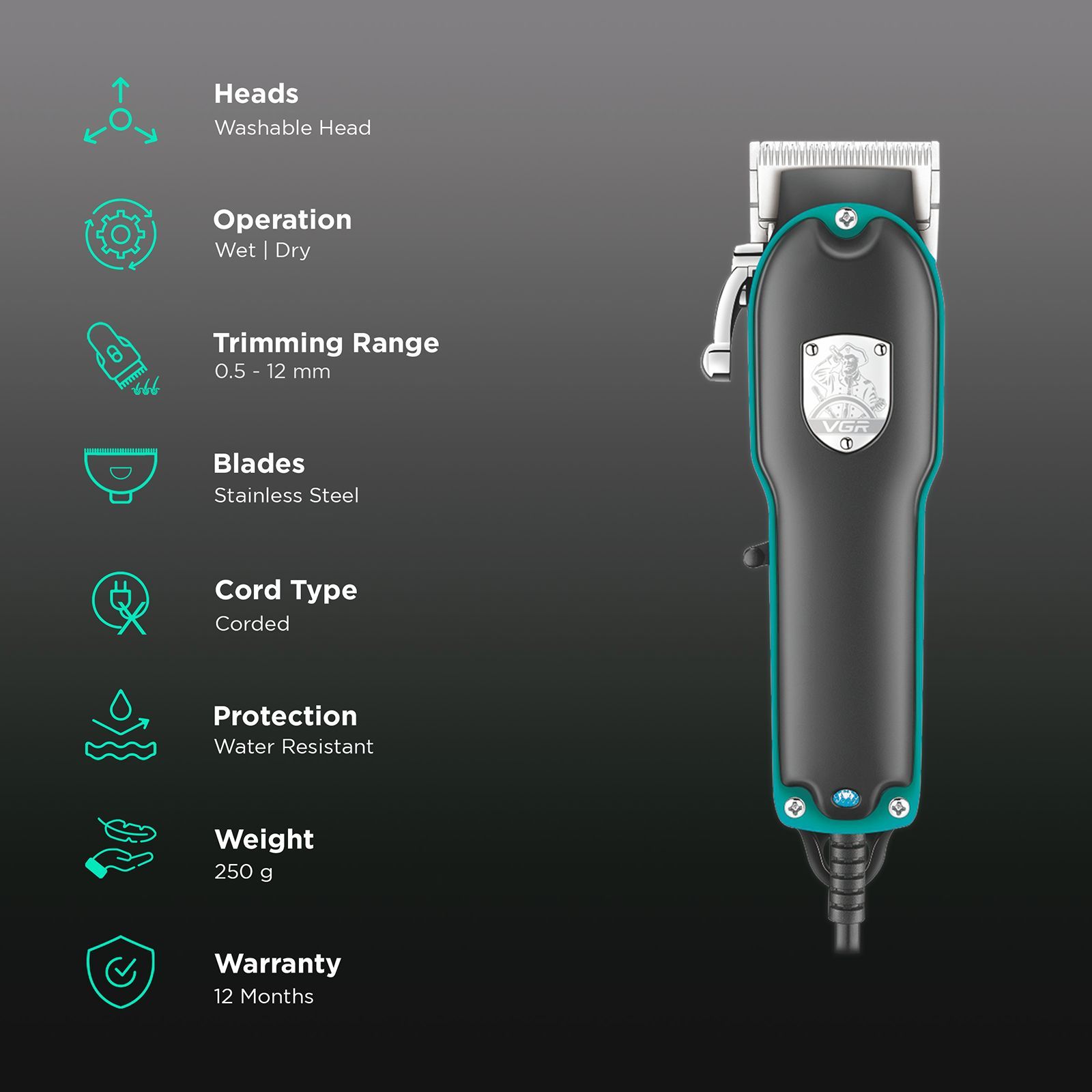 VGR V-123 Corded Wet & Dry Trimmer for Hair Clipping, Beard, Moustache & Body Grooming with 4 Length Settings for Men (Powerful Yet Quiet Clipper Motor, Black)_2
