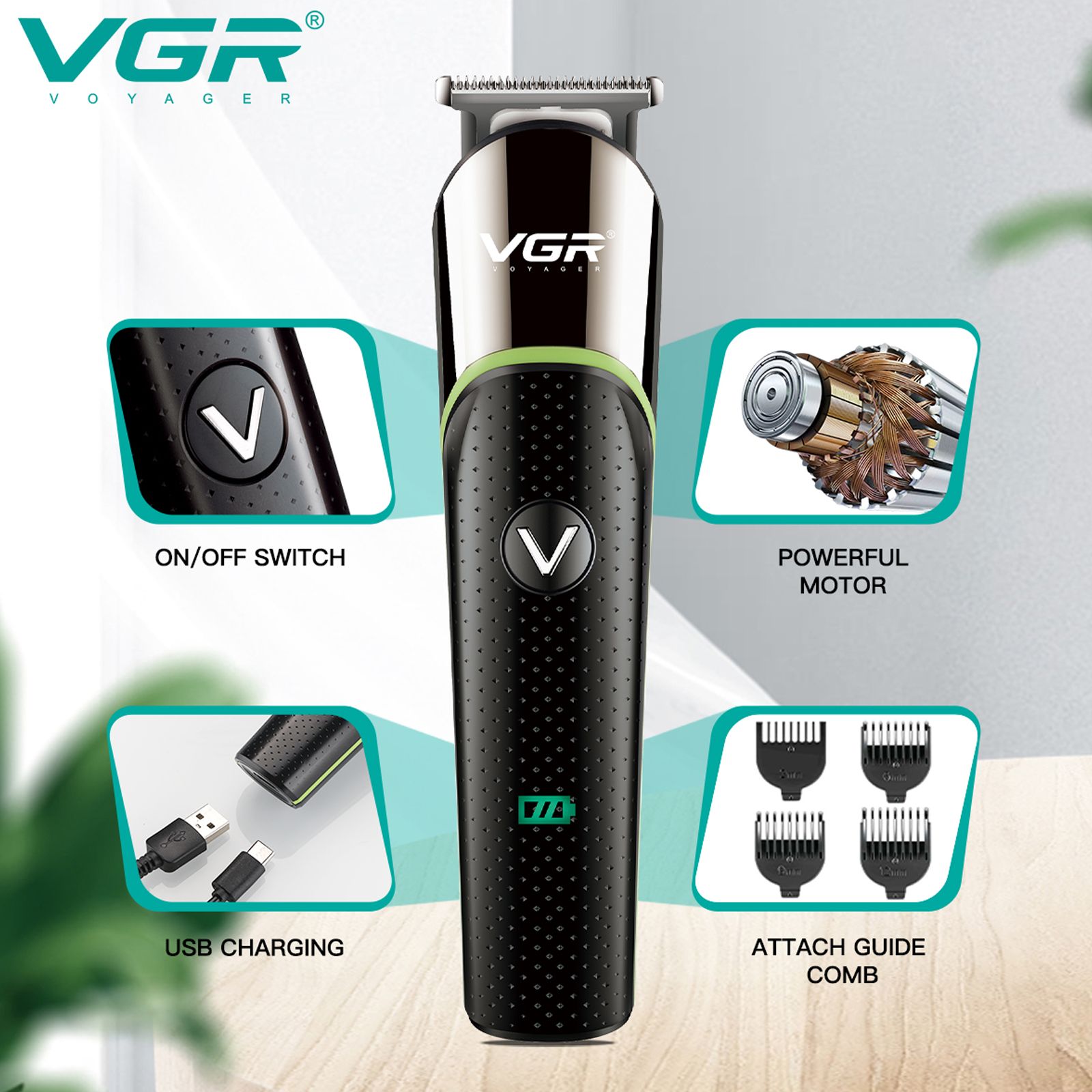 VGR V-191 Rechargeable Corded & Cordless Dry Trimmer for Hair Clipping, Beard, Moustache & Body Grooming with 4 Length Settings for Men (100min Runtime, LED Indicator, Black)_10