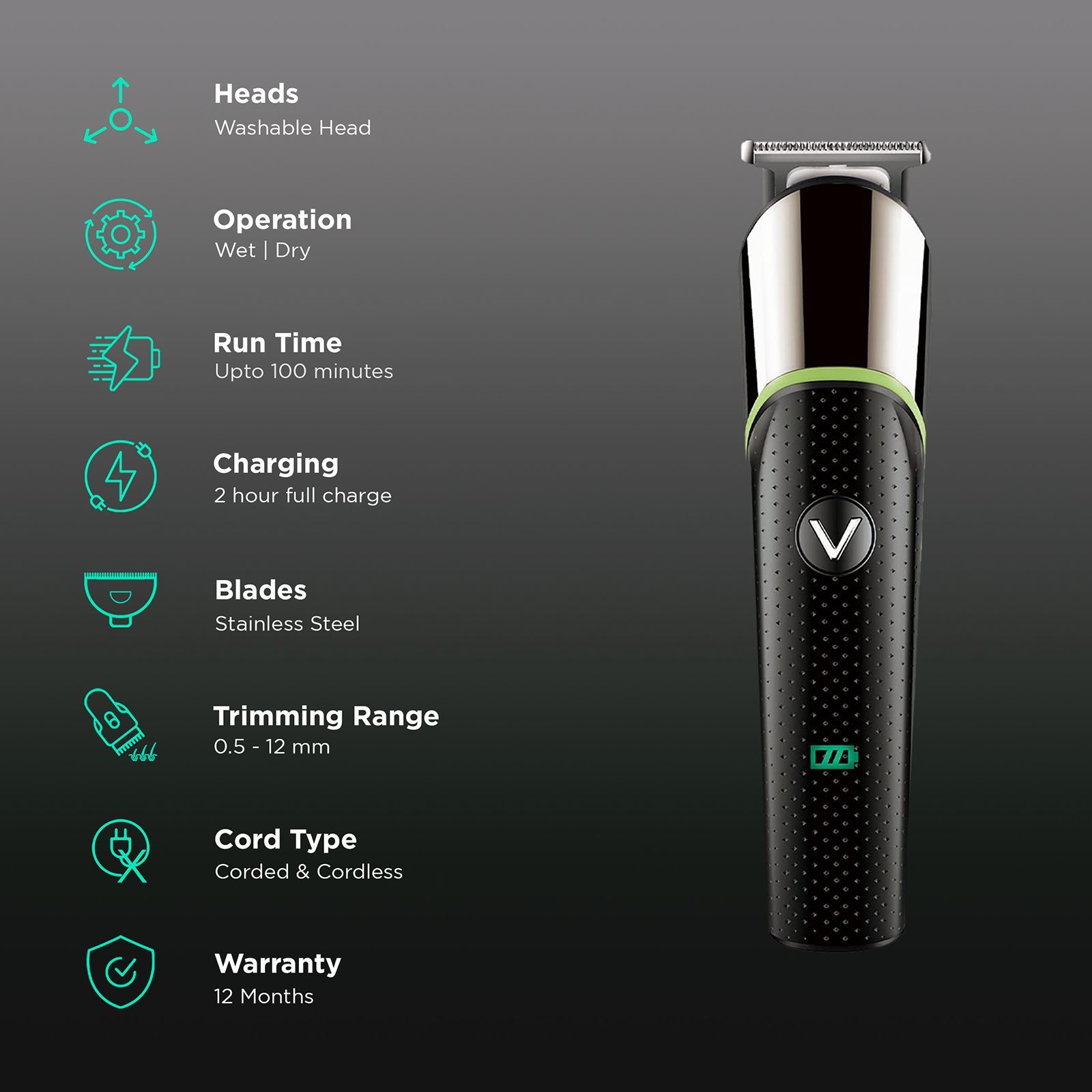 VGR V-191 Rechargeable Corded & Cordless Dry Trimmer for Hair Clipping, Beard, Moustache & Body Grooming with 4 Length Settings for Men (100min Runtime, LED Indicator, Black)_2