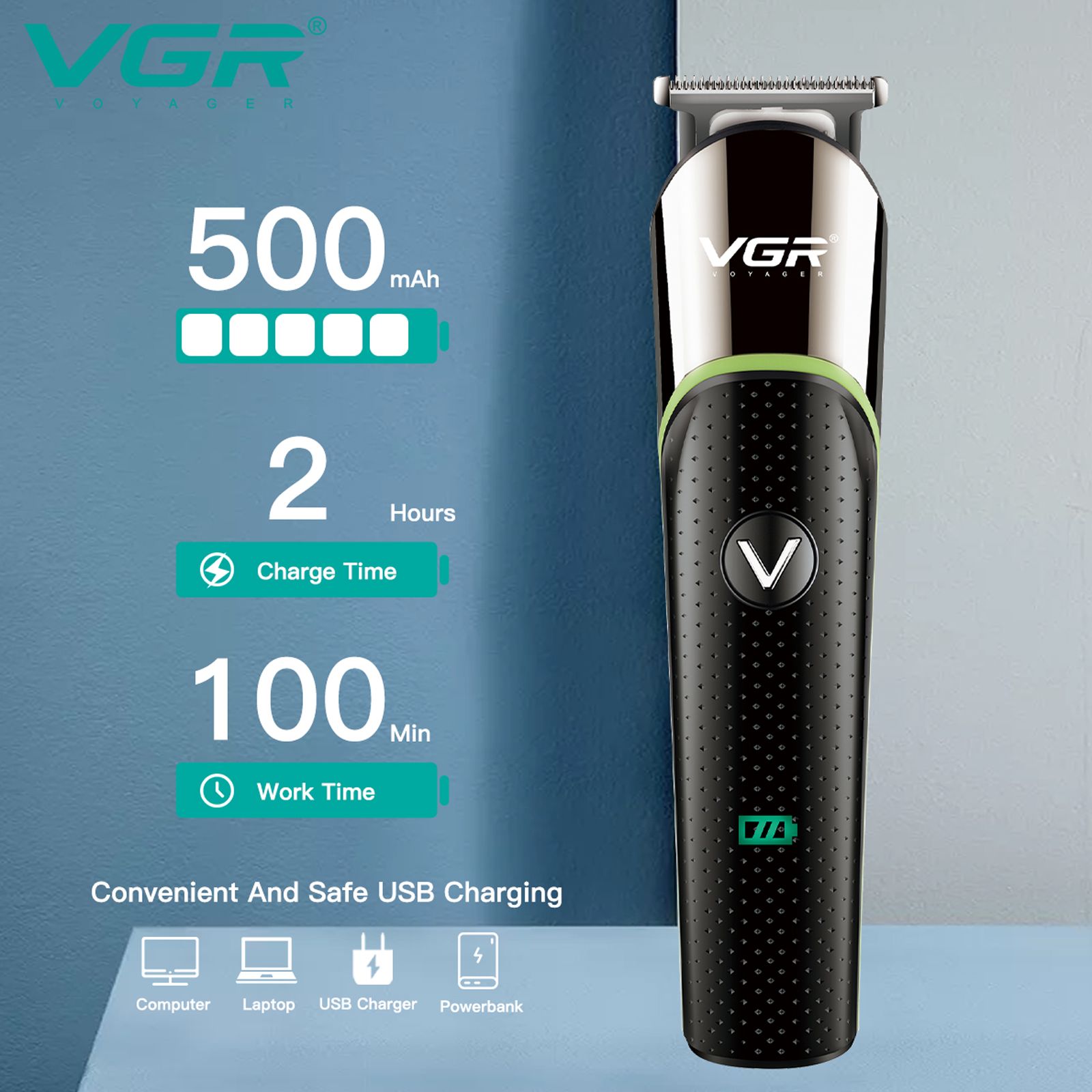 VGR V-191 Rechargeable Corded & Cordless Dry Trimmer for Hair Clipping, Beard, Moustache & Body Grooming with 4 Length Settings for Men (100min Runtime, LED Indicator, Black)_6