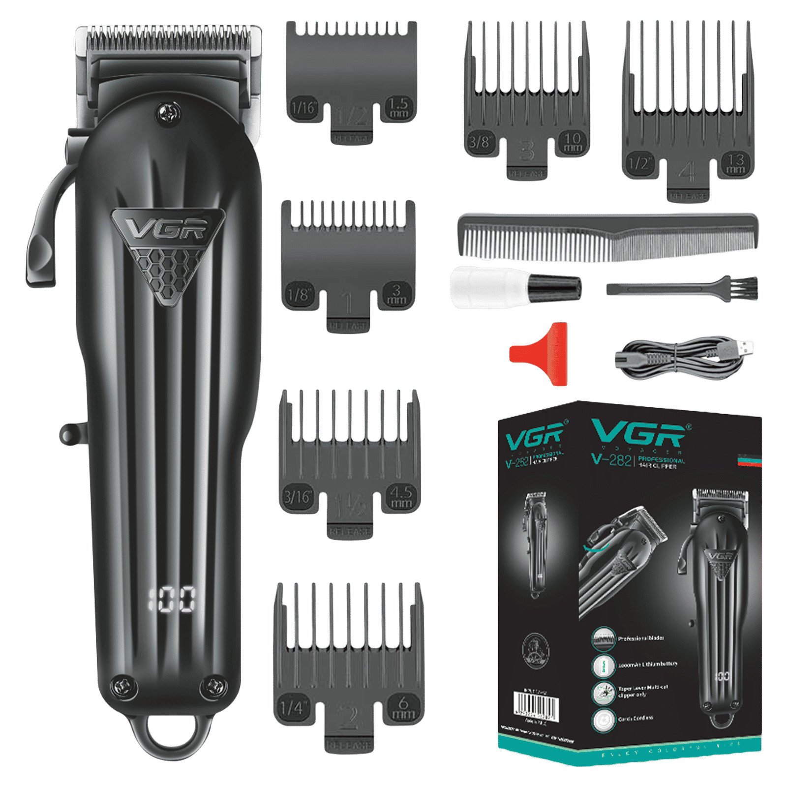 VGR V-282 Rechargeable Corded & Cordless Wet & Dry Trimmer for Hair Clipping, Beard, Moustache & Body Grooming with 6 Length Settings for Men (200min Runtime, LED Digital Display, Black)_1
