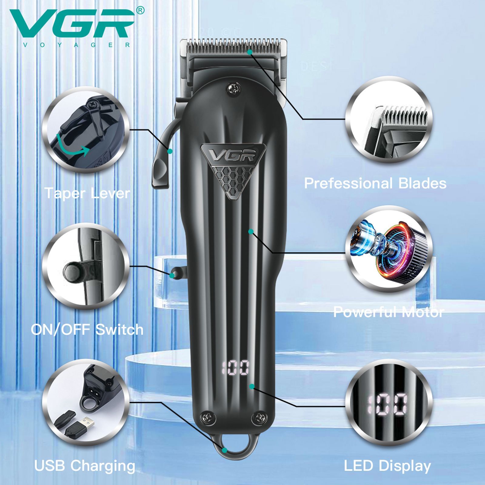 VGR V-282 Rechargeable Corded & Cordless Wet & Dry Trimmer for Hair Clipping, Beard, Moustache & Body Grooming with 6 Length Settings for Men (200min Runtime, LED Digital Display, Black)_8