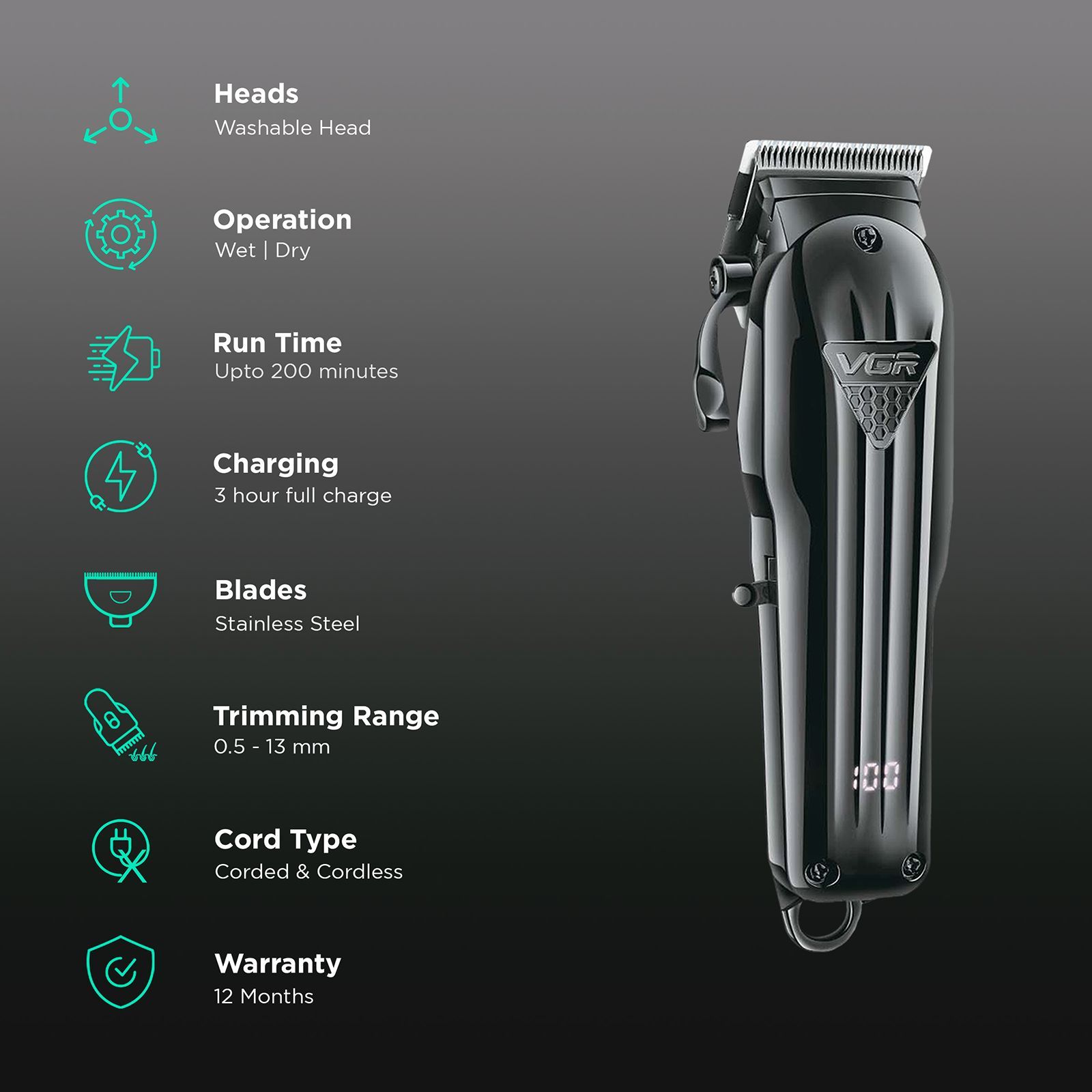VGR V-282 Rechargeable Corded & Cordless Wet & Dry Trimmer for Hair Clipping, Beard, Moustache & Body Grooming with 6 Length Settings for Men (200min Runtime, LED Digital Display, Black)_2