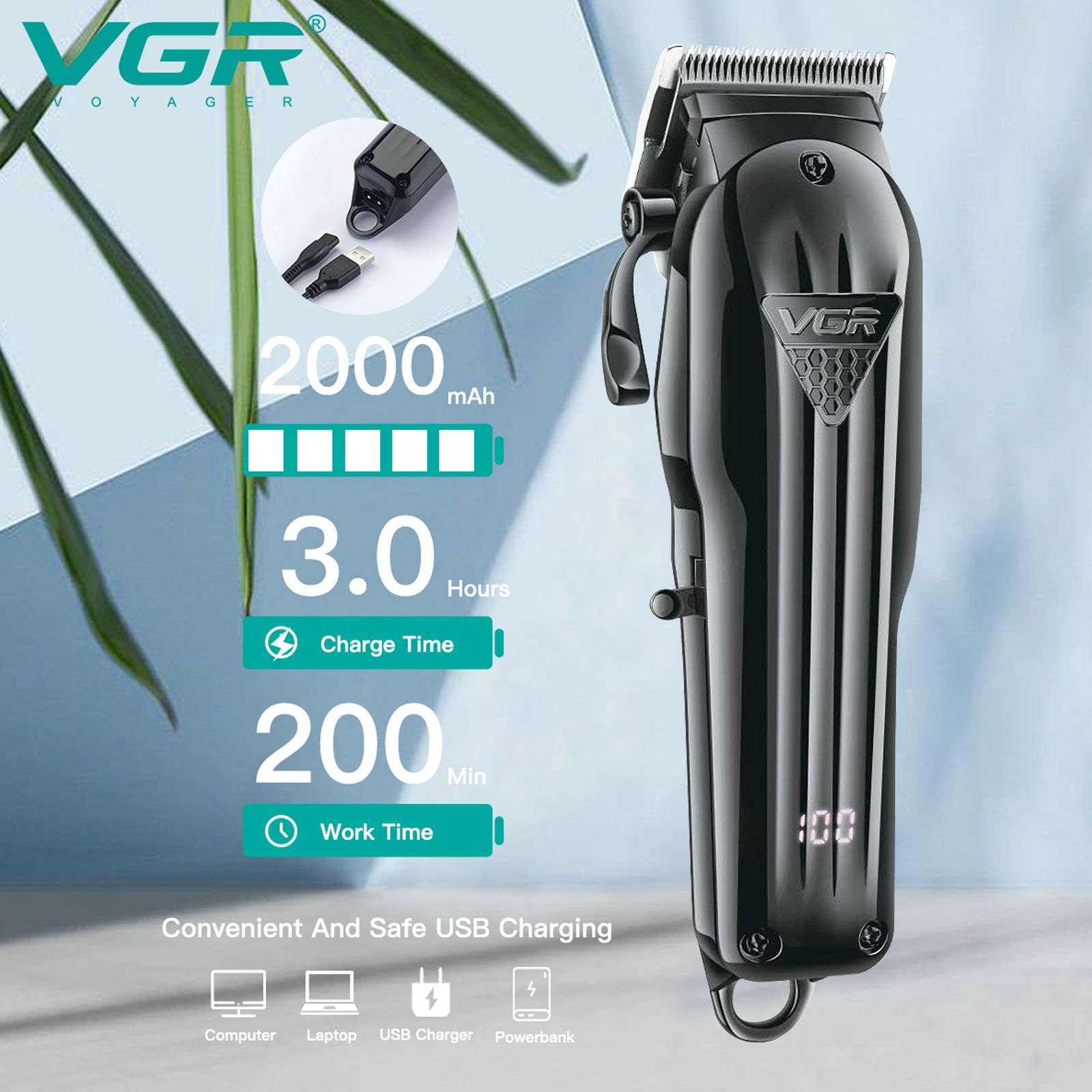 VGR V-282 Rechargeable Corded & Cordless Wet & Dry Trimmer for Hair Clipping, Beard, Moustache & Body Grooming with 6 Length Settings for Men (200min Runtime, LED Digital Display, Black)_5