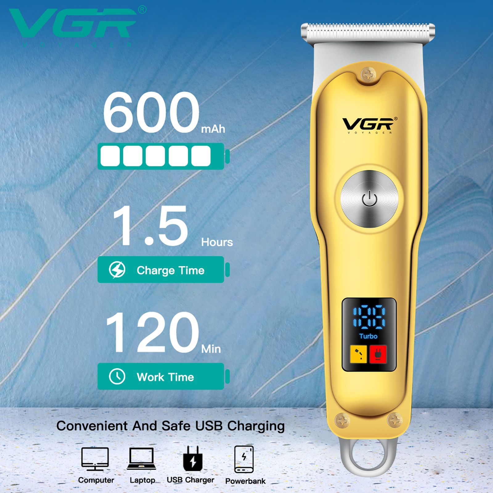 VGR V-290 Rechargeable Corded & Cordless Wet & Dry Trimmer for Hair Clipping, Beard, Moustache & Body Grooming with 3 Length Settings for Men (120min Runtime, LED Digital Display, Gold)_4