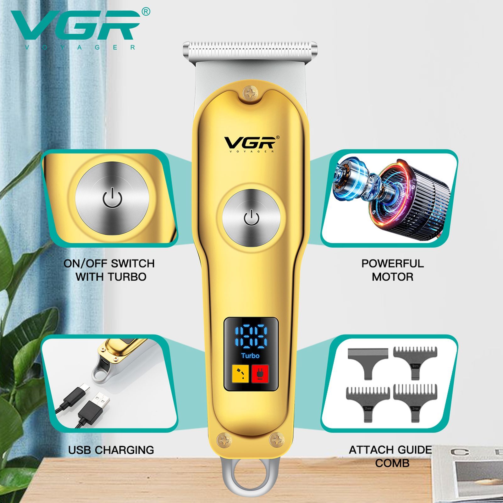 VGR V-290 Rechargeable Corded & Cordless Wet & Dry Trimmer for Hair Clipping, Beard, Moustache & Body Grooming with 3 Length Settings for Men (120min Runtime, LED Digital Display, Gold)_6