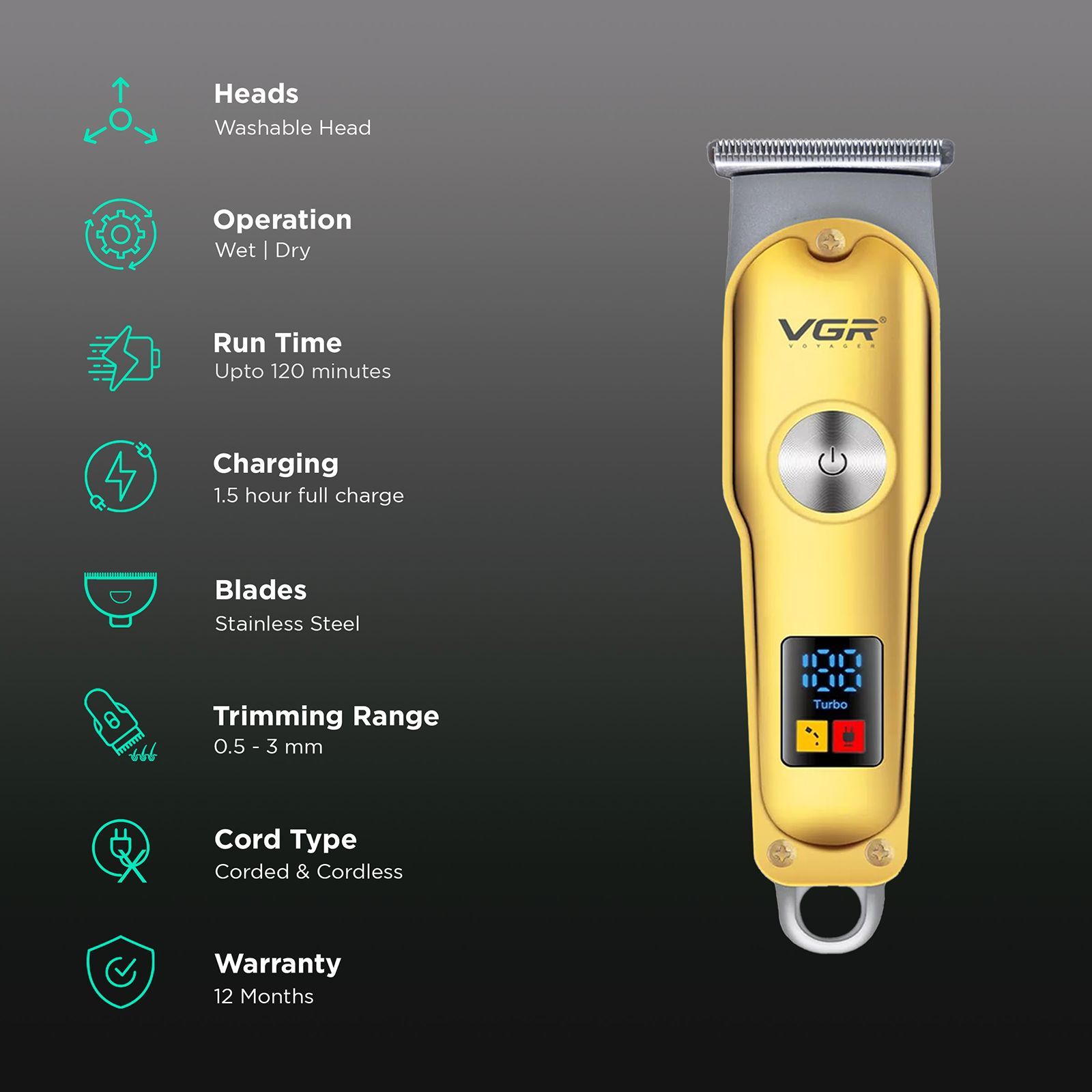 VGR V-290 Rechargeable Corded & Cordless Wet & Dry Trimmer for Hair Clipping, Beard, Moustache & Body Grooming with 3 Length Settings for Men (120min Runtime, LED Digital Display, Gold)_2