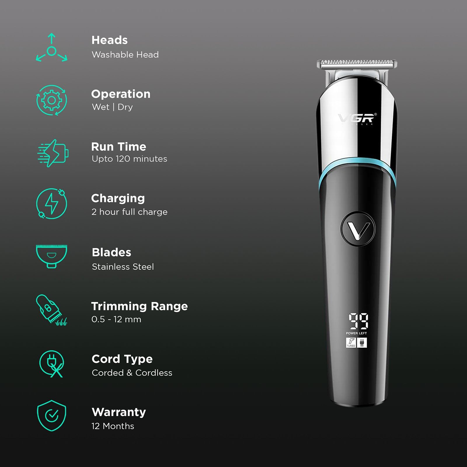 VGR V-291 Rechargeable Corded & Cordless Wet & Dry Trimmer for Hair Clipping, Beard, Moustache & Body Grooming with 4 Length Settings for Men (120min Runtime, LED Digital Display, Blue) VGR V-291 Rechargeable Corded & Cordless Wet & Dry Trimmer for Hair Clipping, Beard, Moustache & Body Grooming with 4 Length Settings for Men (120min Runtime, LED Digital Display, Blue)_2