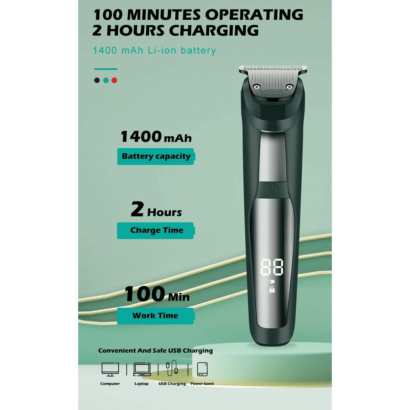 VGR V-291 Rechargeable Corded & Cordless Wet & Dry Trimmer for Hair Clipping, Beard, Moustache & Body Grooming with 4 Length Settings for Men (120min Runtime, LED Digital Display, Green)_6