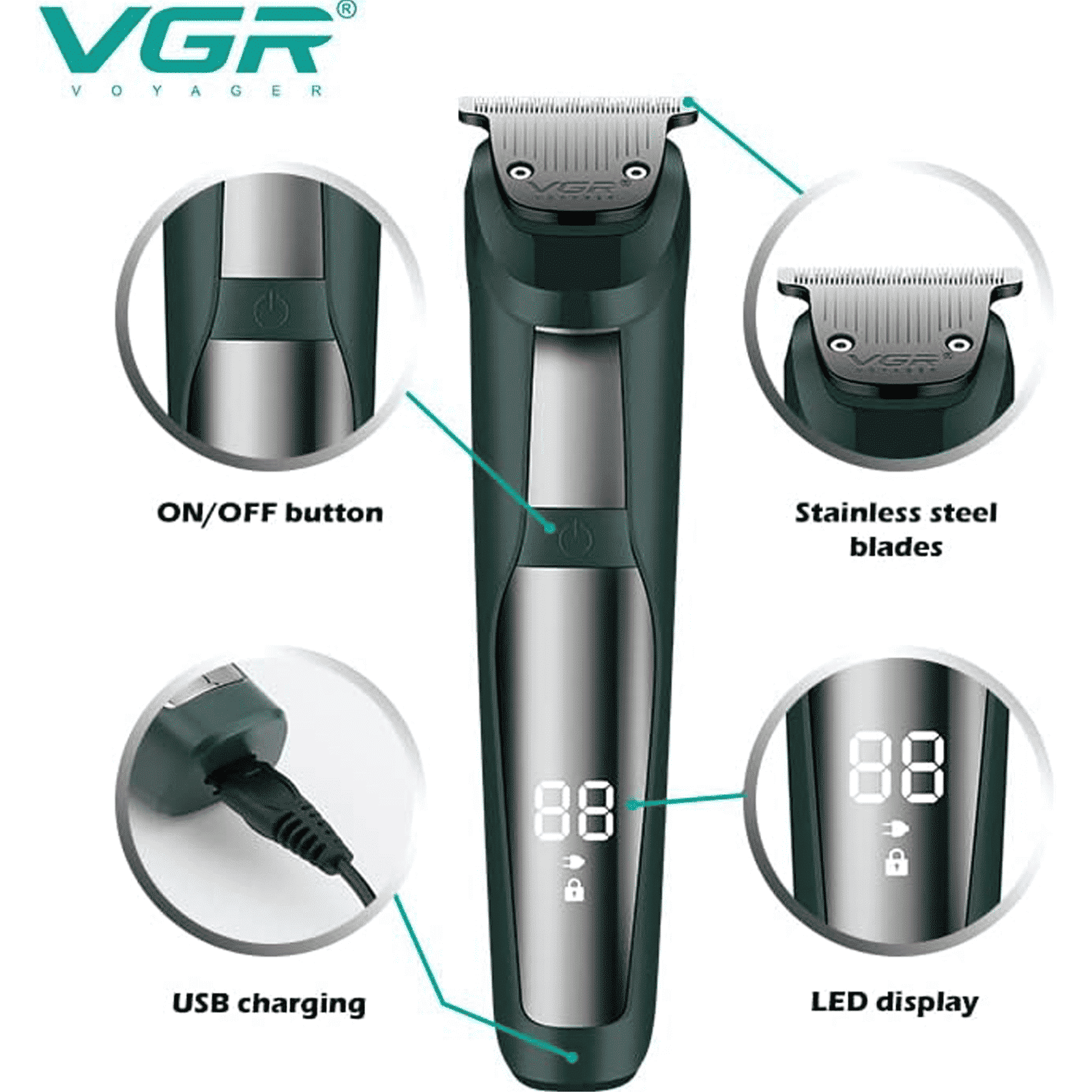 VGR V-291 Rechargeable Corded & Cordless Wet & Dry Trimmer for Hair Clipping, Beard, Moustache & Body Grooming with 4 Length Settings for Men (120min Runtime, LED Digital Display, Green)_7