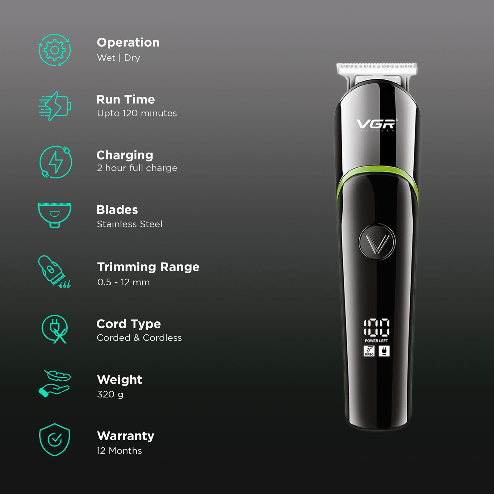 VGR V-291 Rechargeable Corded & Cordless Wet & Dry Trimmer for Hair Clipping, Beard, Moustache & Body Grooming with 4 Length Settings for Men (120min Runtime, LED Digital Display, Green)_2
