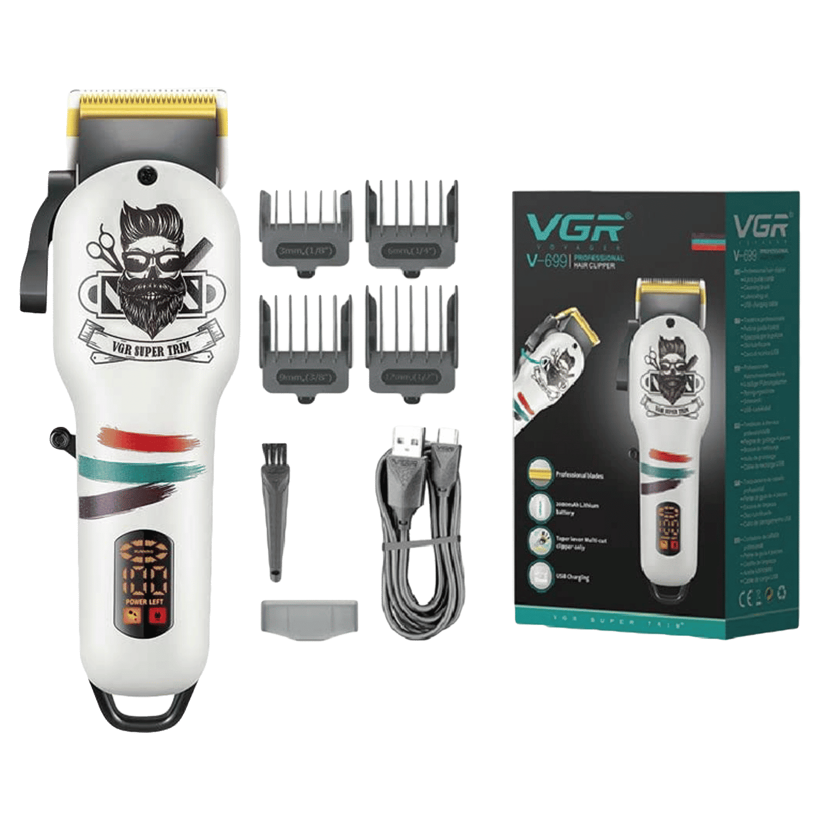 VGR V-699 Rechargeable Cordless Wet & Dry Trimmer for Hair Clipping, Beard, Moustache, Body Grooming & Intimate Areas with 4 Length Settings for Men (180min Runtime, LED Digital Display, White)_1