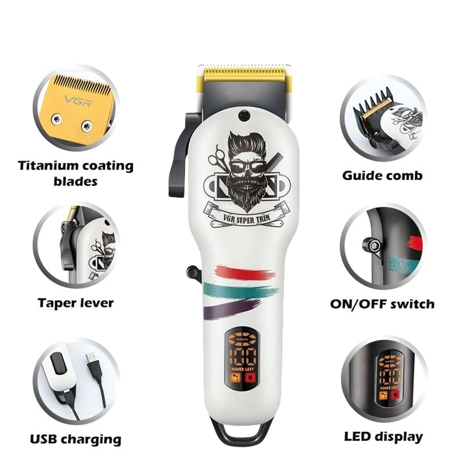 VGR V-699 Rechargeable Cordless Wet & Dry Trimmer for Hair Clipping, Beard, Moustache, Body Grooming & Intimate Areas with 4 Length Settings for Men (180min Runtime, LED Digital Display, White)_8