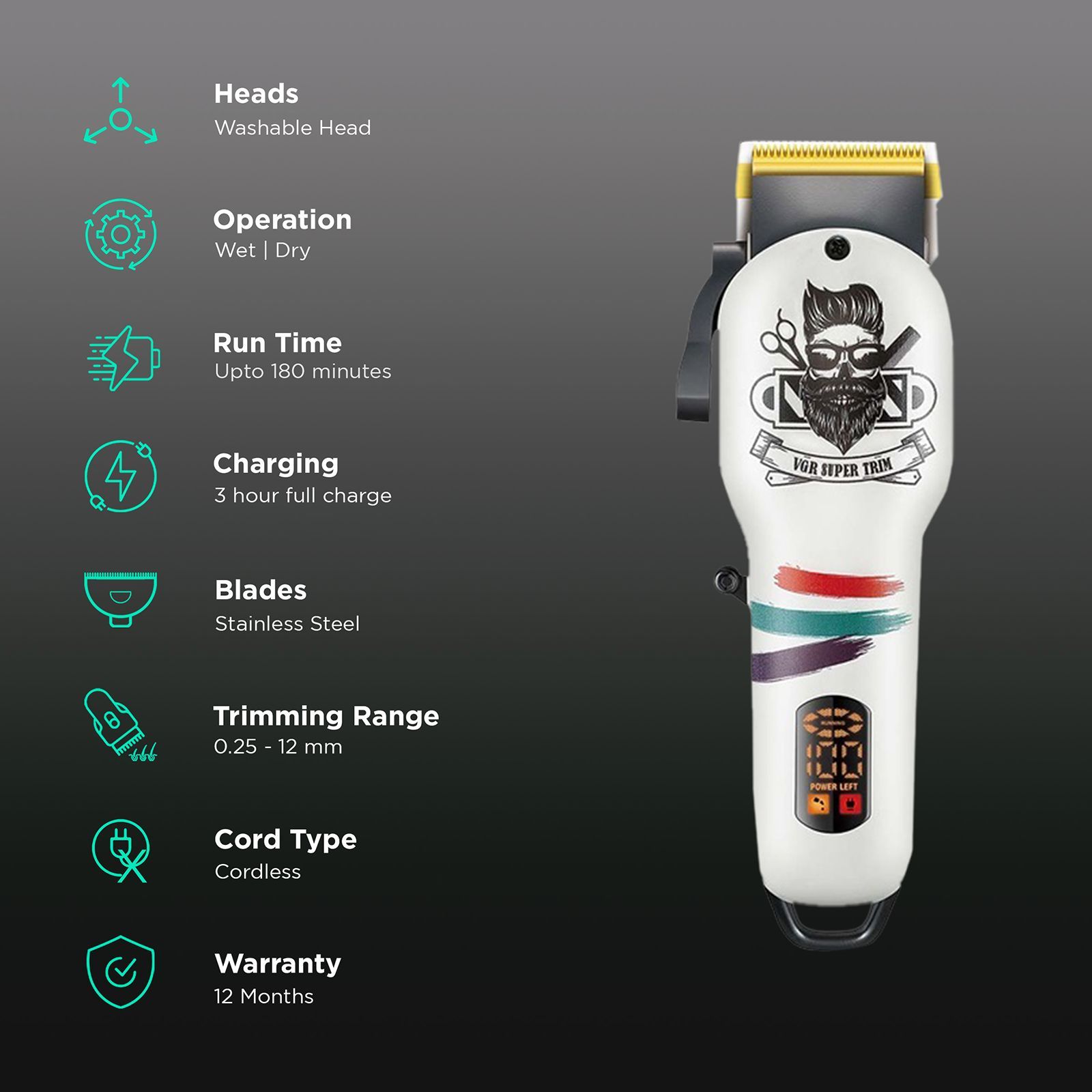 VGR V-699 Rechargeable Cordless Wet & Dry Trimmer for Hair Clipping, Beard, Moustache, Body Grooming & Intimate Areas with 4 Length Settings for Men (180min Runtime, LED Digital Display, White)_2