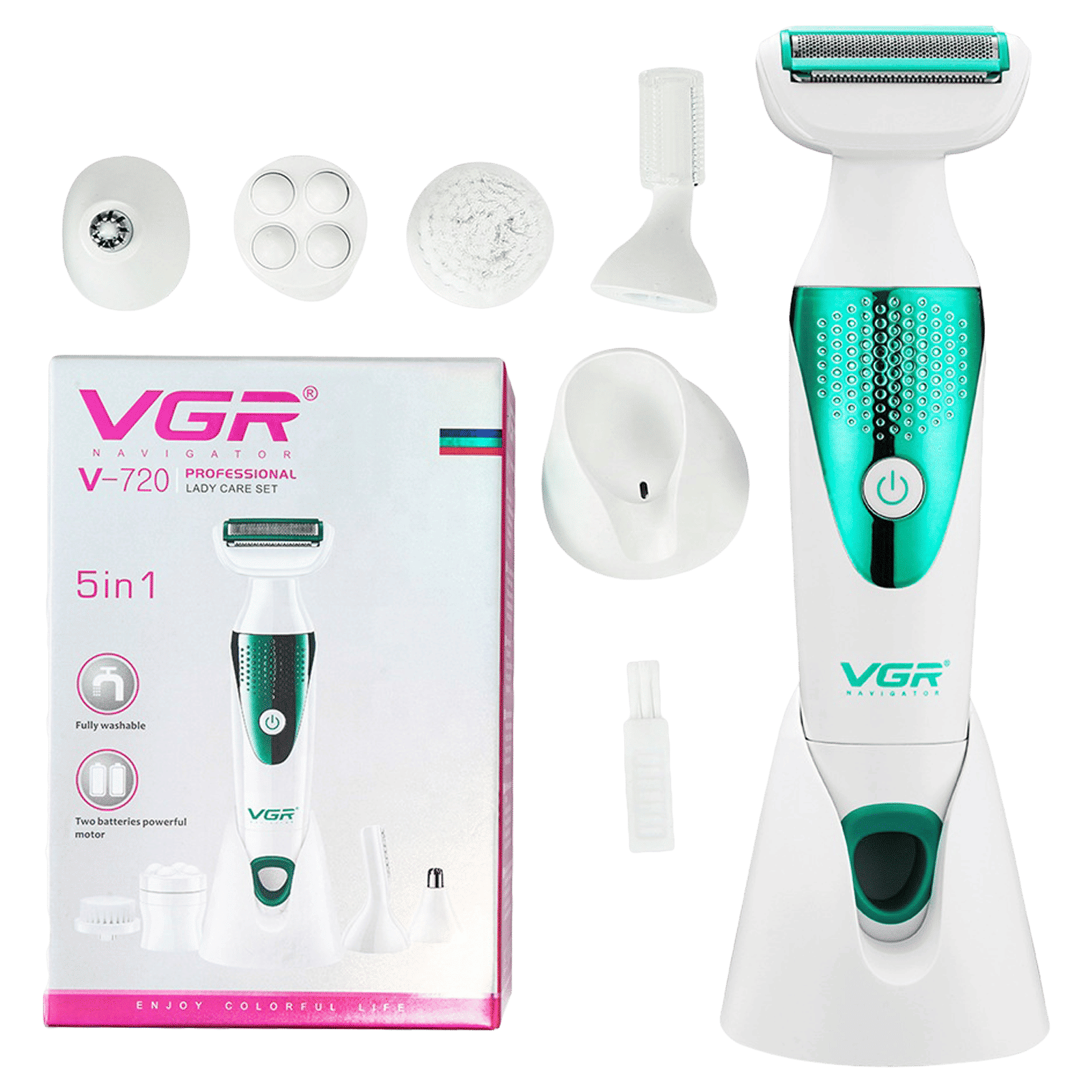 VGR V-720 5-in-1 Rechargeable Cordless Grooming Kit for Face, Legs, Underarms, Intimate Areas, Ear, Nose & Eyebrow for Women (Waterproof Head, Green)_1