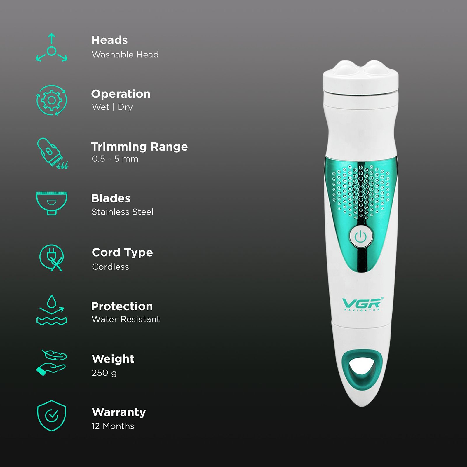 VGR V-720 5-in-1 Rechargeable Cordless Grooming Kit for Face, Legs, Underarms, Intimate Areas, Ear, Nose & Eyebrow for Women (Waterproof Head, Green)_2