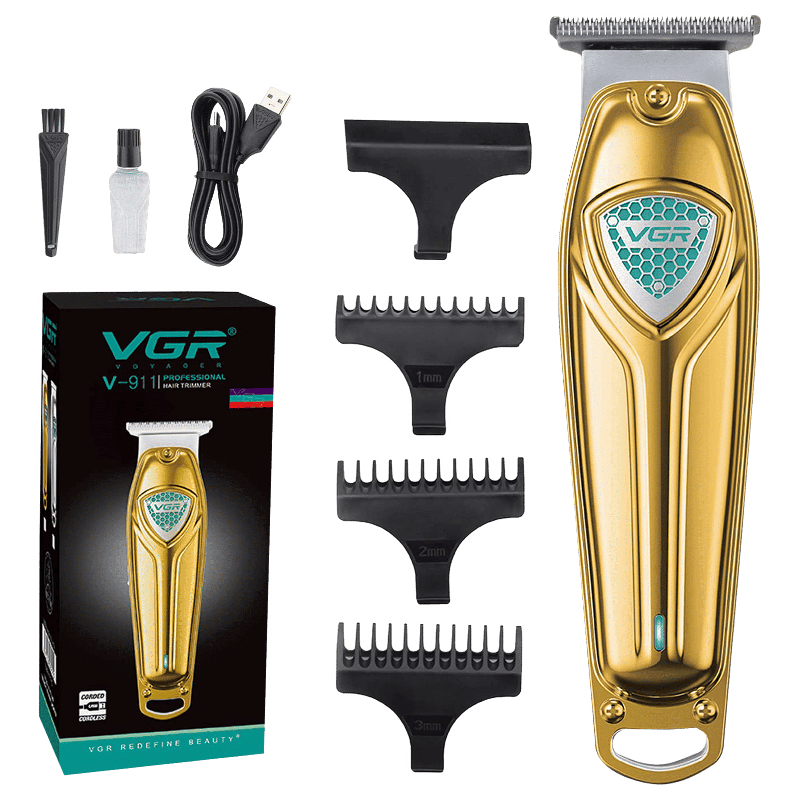 VGR V-911 Rechargeable Cordless Wet & Dry Trimmer for Hair Clipping, Beard, Moustache, Body Grooming & Intimate Areas with 3 Length Settings for Men (180min Runtime, LED Strip with 10 Levels, Gold) VGR V-911 Rechargeable Cordless Wet & Dry Trimmer for Hair Clipping, Beard, Moustache, Body Grooming & Intimate Areas with 3 Length Settings for Men (180min Runtime, LED Strip with 10 Levels, Gold)_1